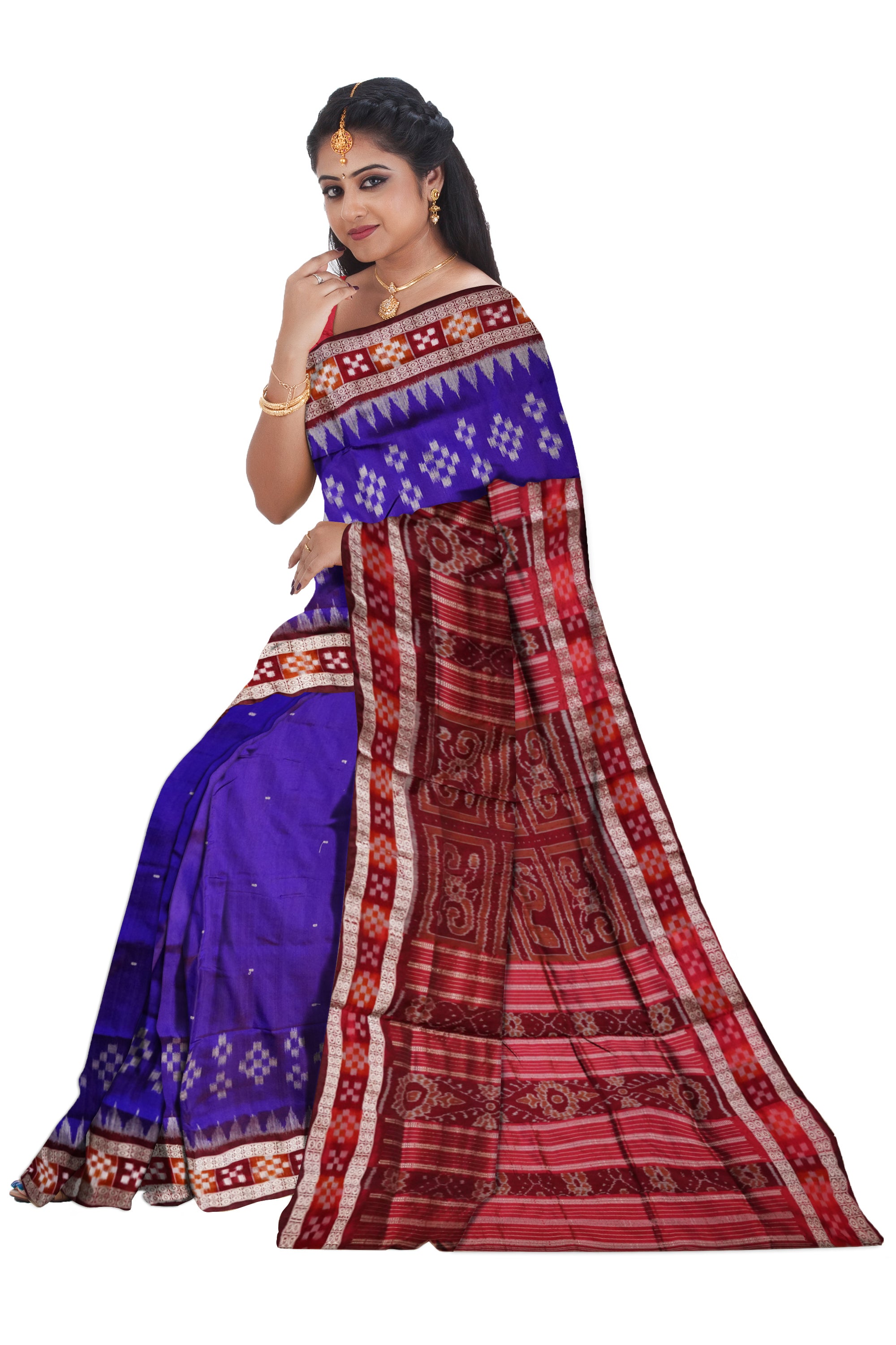 Royal Blue and Maroon colour dhadi pasapali pattern pata saree. - Koshali Arts & Crafts Enterprise