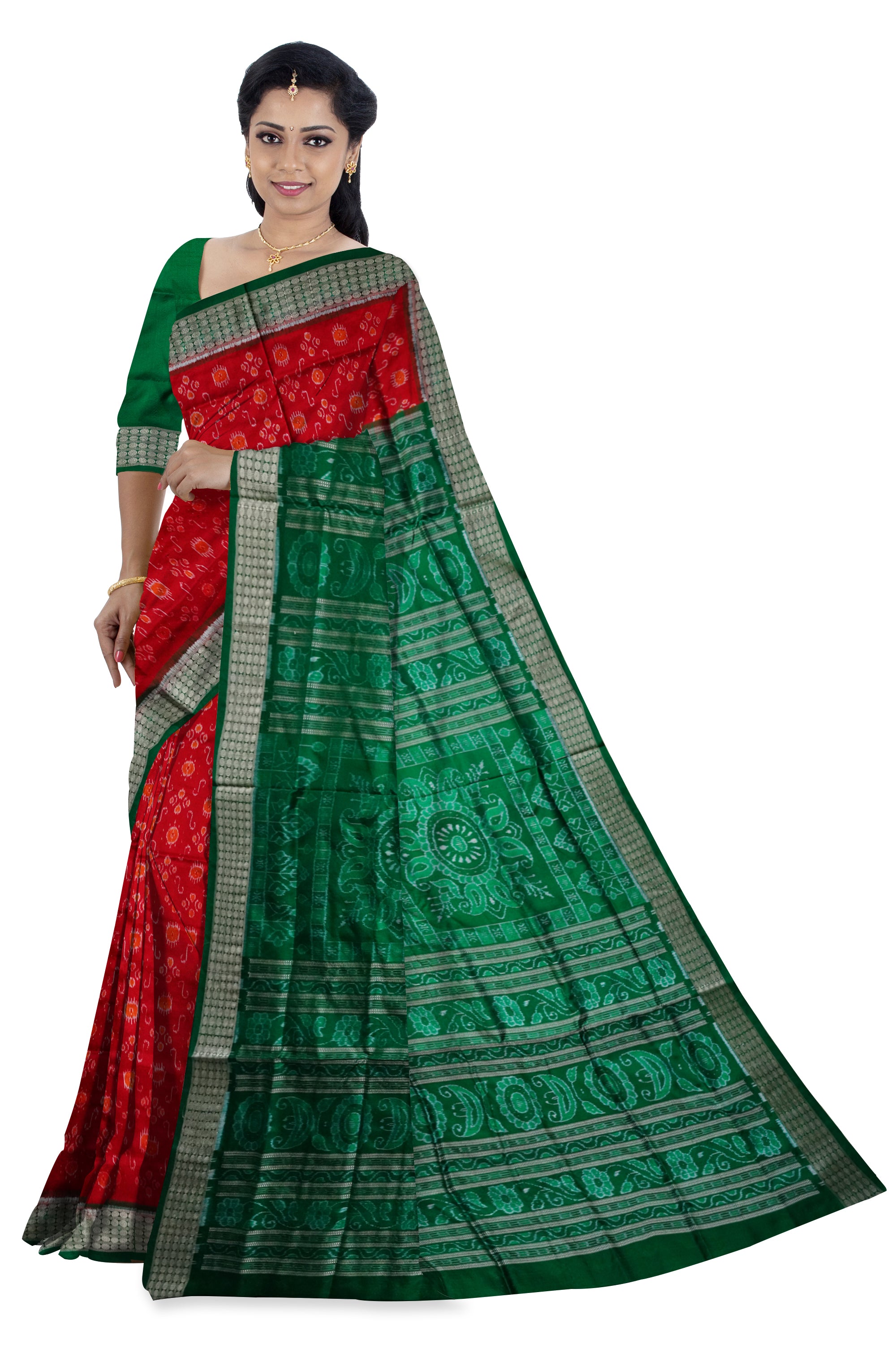 Full body bandha work Sambalpuri Pata saree in Orange and Green color. - Koshali Arts & Crafts Enterprise
