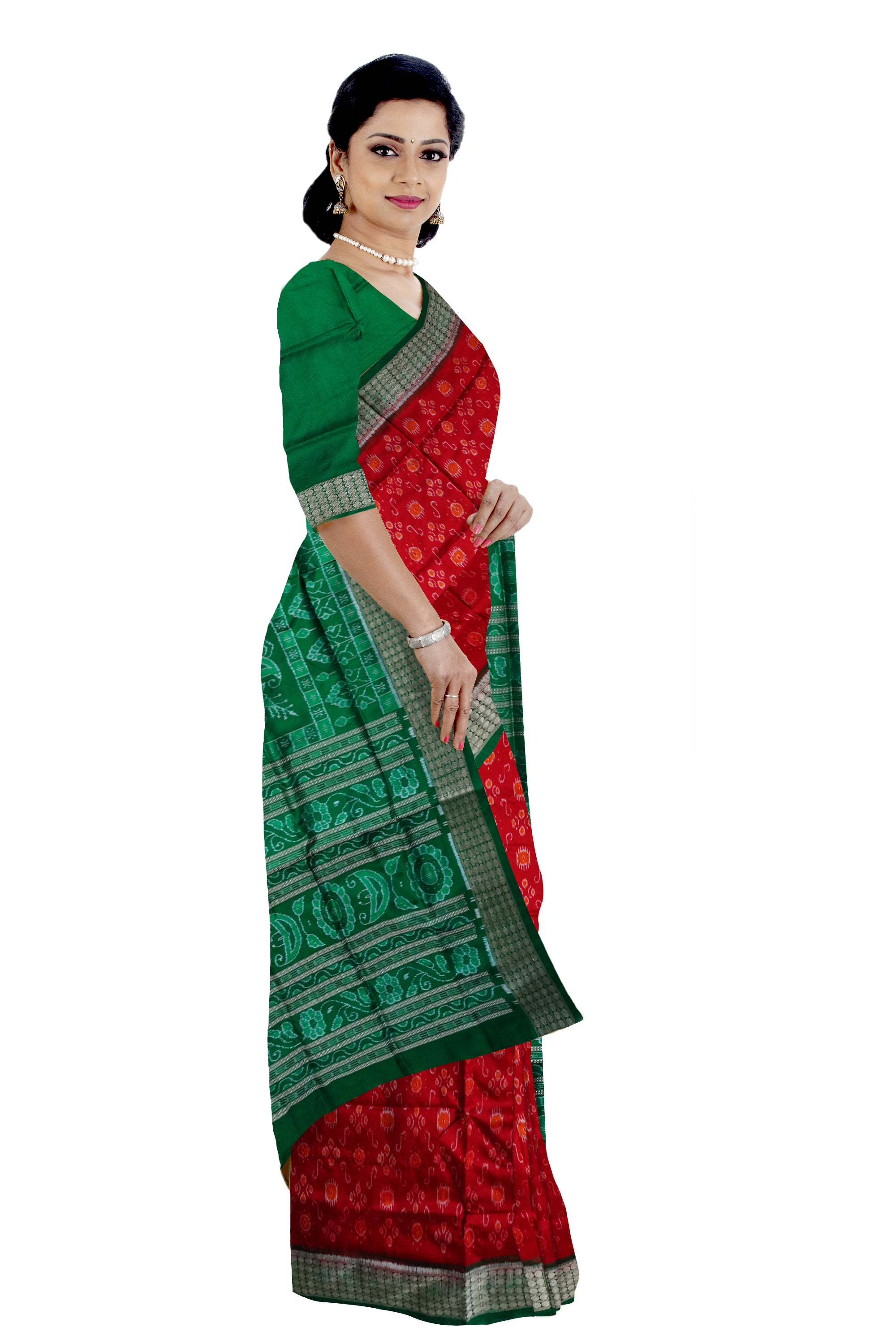 Full body bandha work Sambalpuri Pata saree in Orange and Green color. - Koshali Arts & Crafts Enterprise