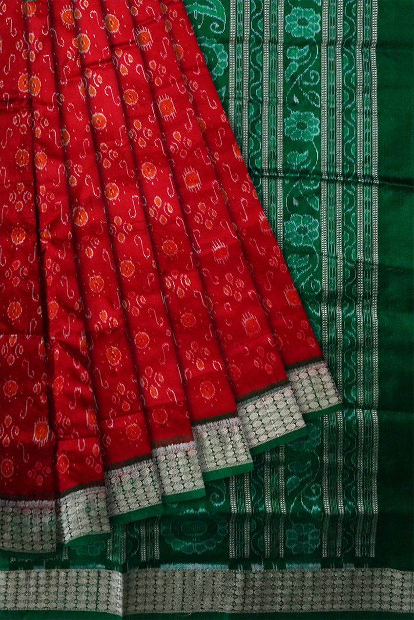 Full body bandha work Sambalpuri Pata saree in Orange and Green color. - Koshali Arts & Crafts Enterprise