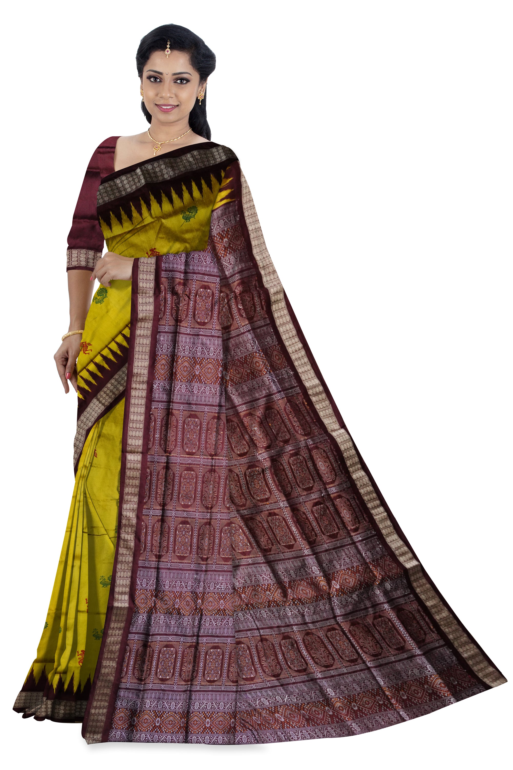 A plain bomkei pattern Sambalpuri pata saree in yellow and coffee color. - Koshali Arts & Crafts Enterprise