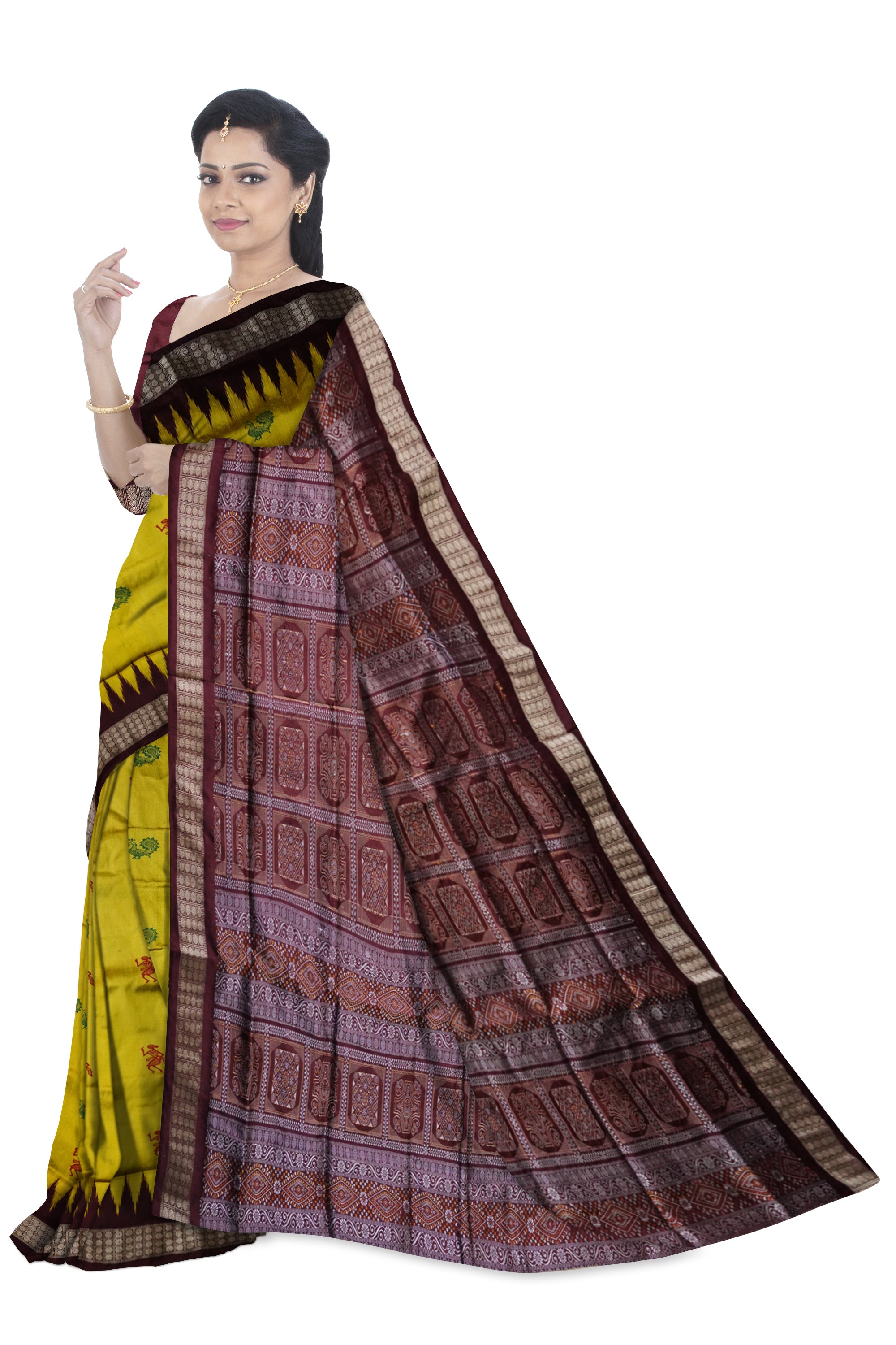 A plain bomkei pattern Sambalpuri pata saree in yellow and coffee color. - Koshali Arts & Crafts Enterprise