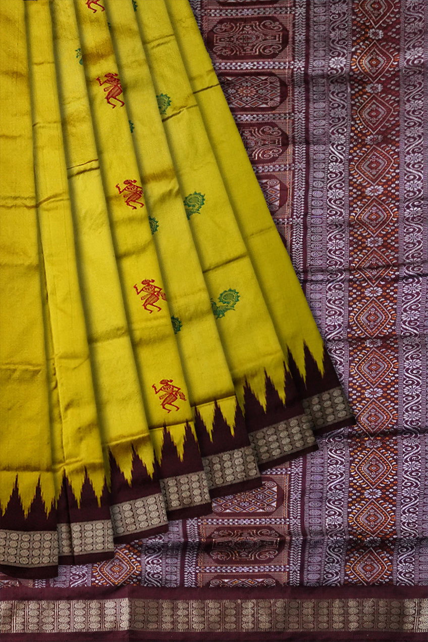 A plain bomkei pattern Sambalpuri pata saree in yellow and coffee color. - Koshali Arts & Crafts Enterprise