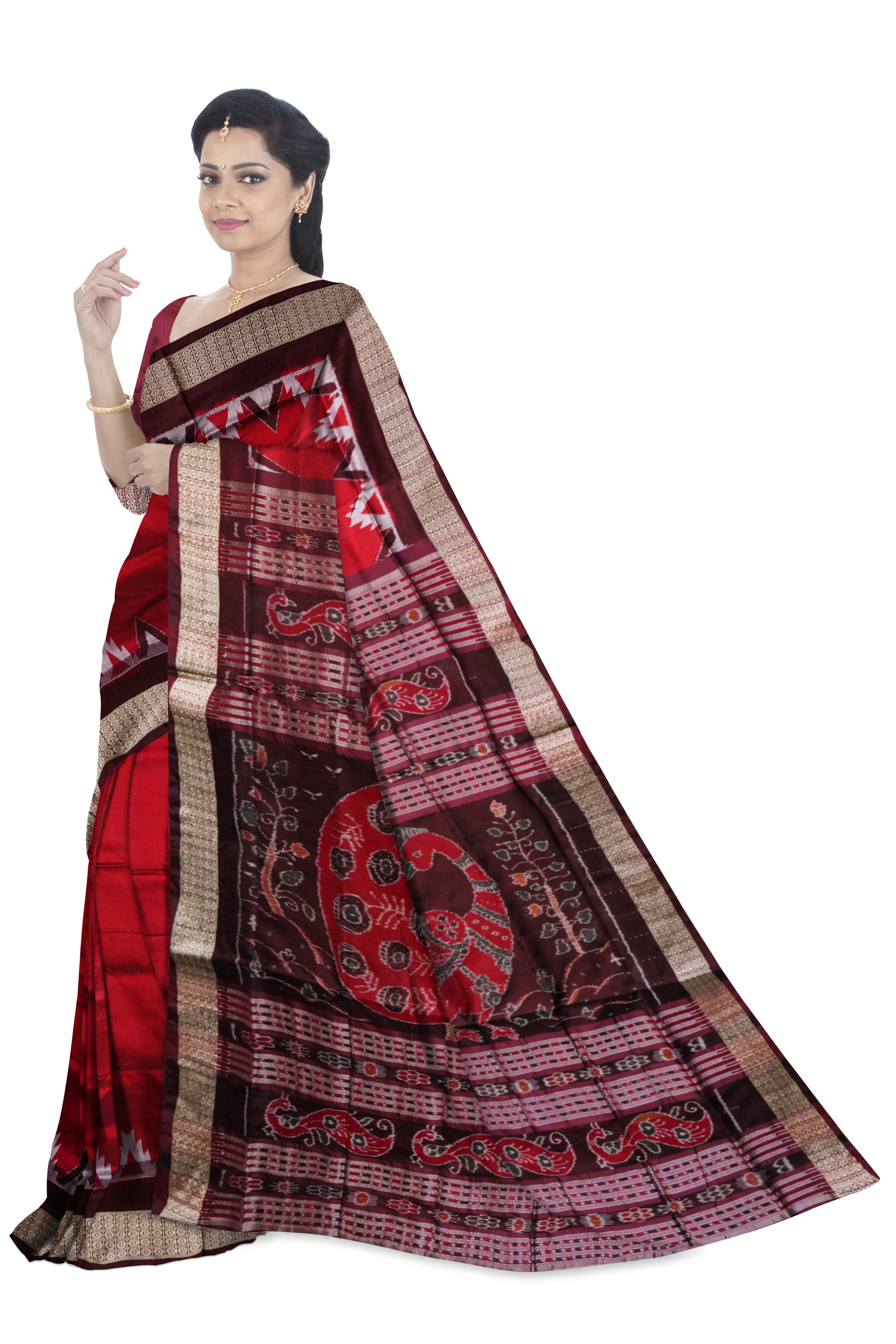 Maroon and Coffee colour small kargil work plain pata saree. - Koshali Arts & Crafts Enterprise