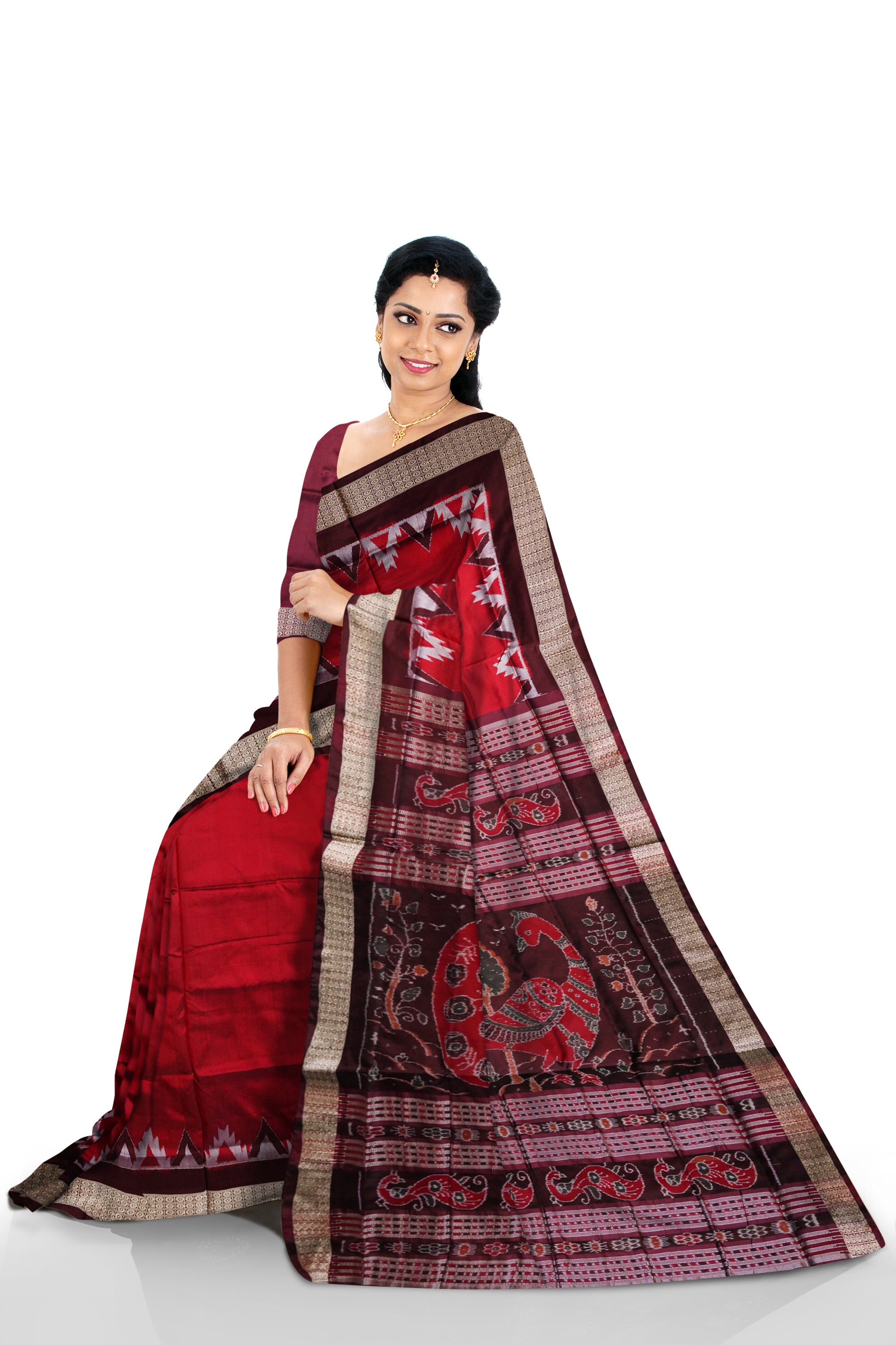 Maroon and Coffee colour small kargil work plain pata saree. - Koshali Arts & Crafts Enterprise