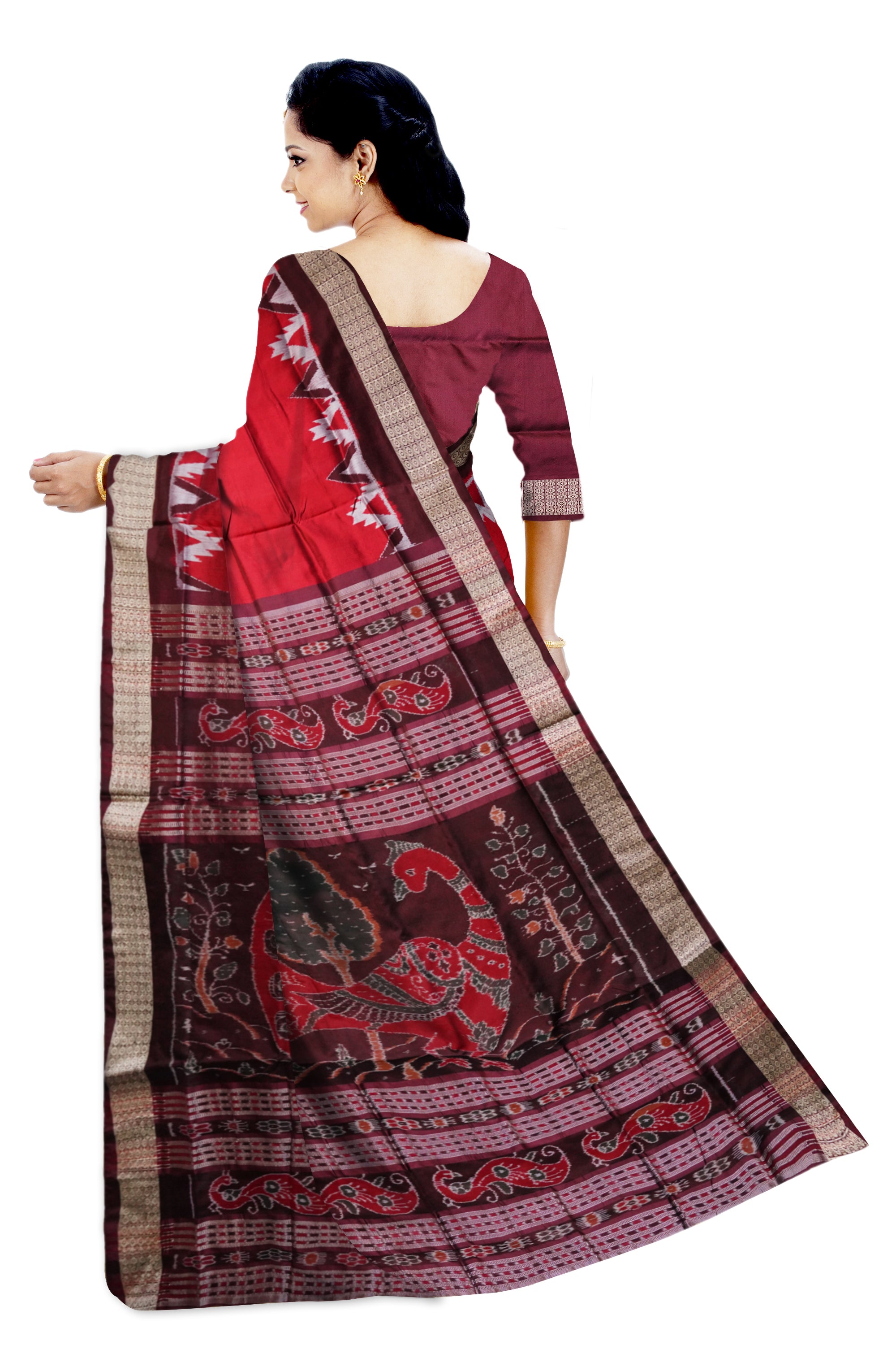 Maroon and Coffee colour small kargil work plain pata saree. - Koshali Arts & Crafts Enterprise