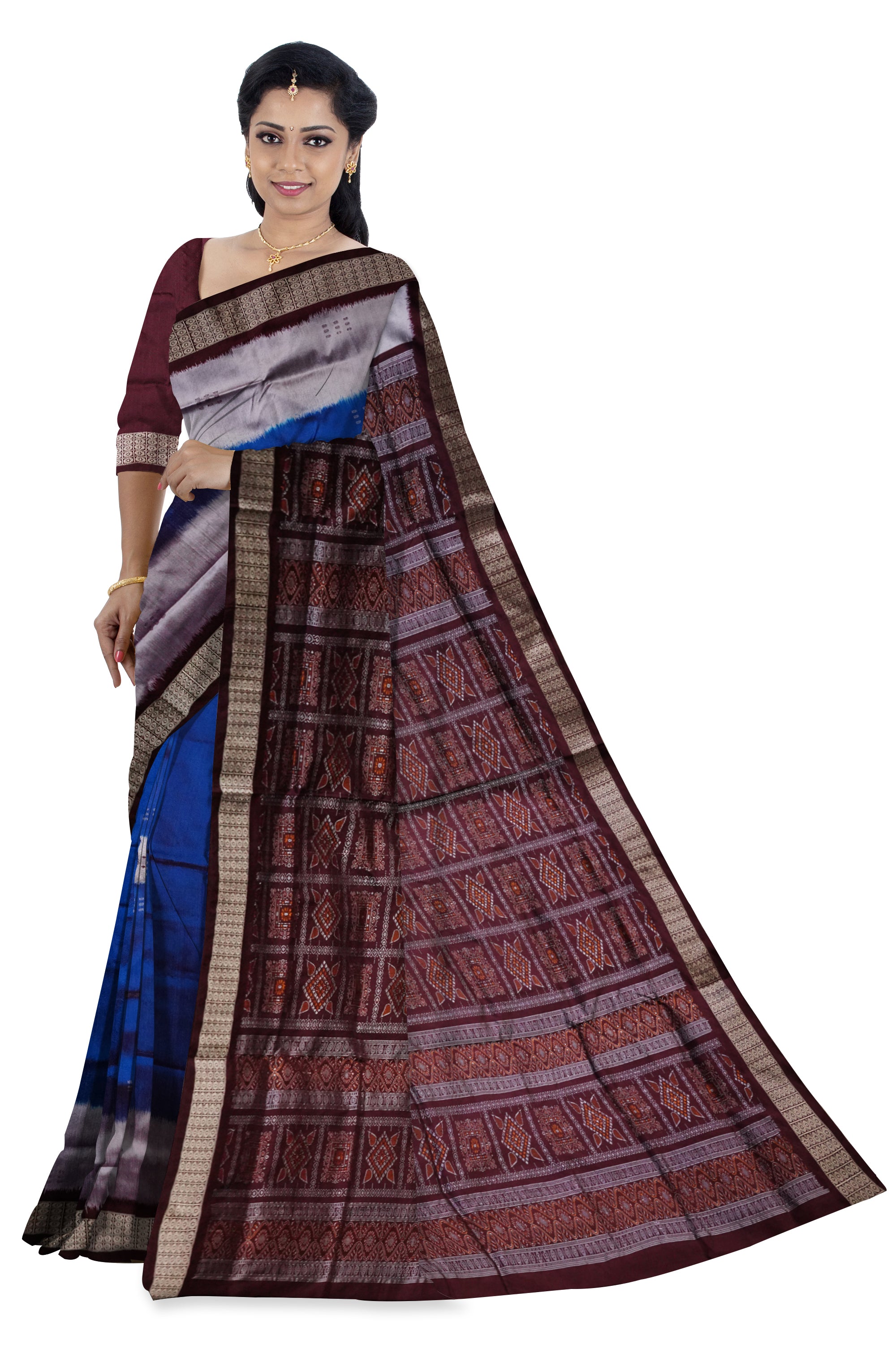 A big pasapali work in body bomkei pata saree in Sky, Silver and coffee color. - Koshali Arts & Crafts Enterprise