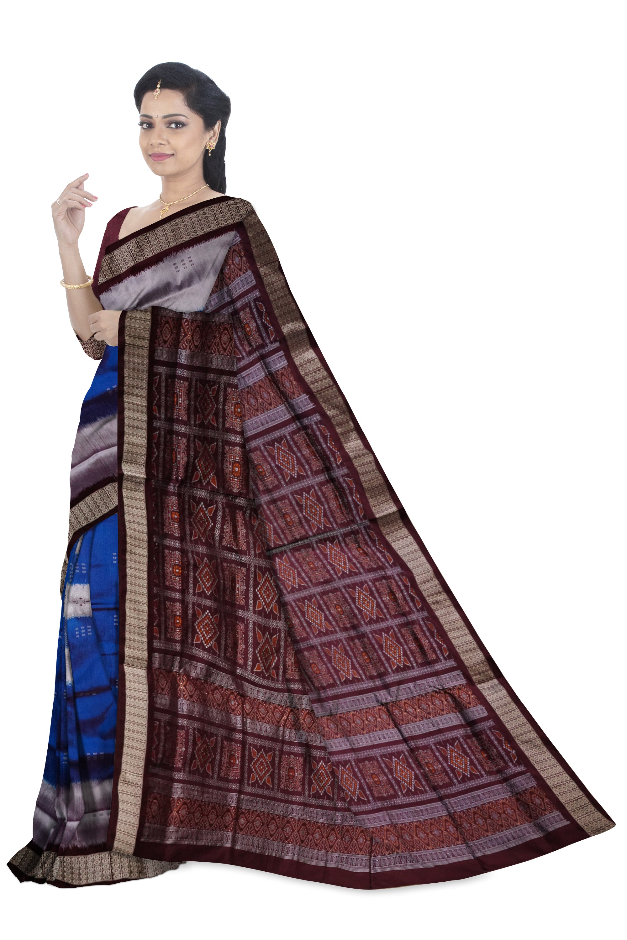 A big pasapali work in body bomkei pata saree in Sky, Silver and coffee color. - Koshali Arts & Crafts Enterprise