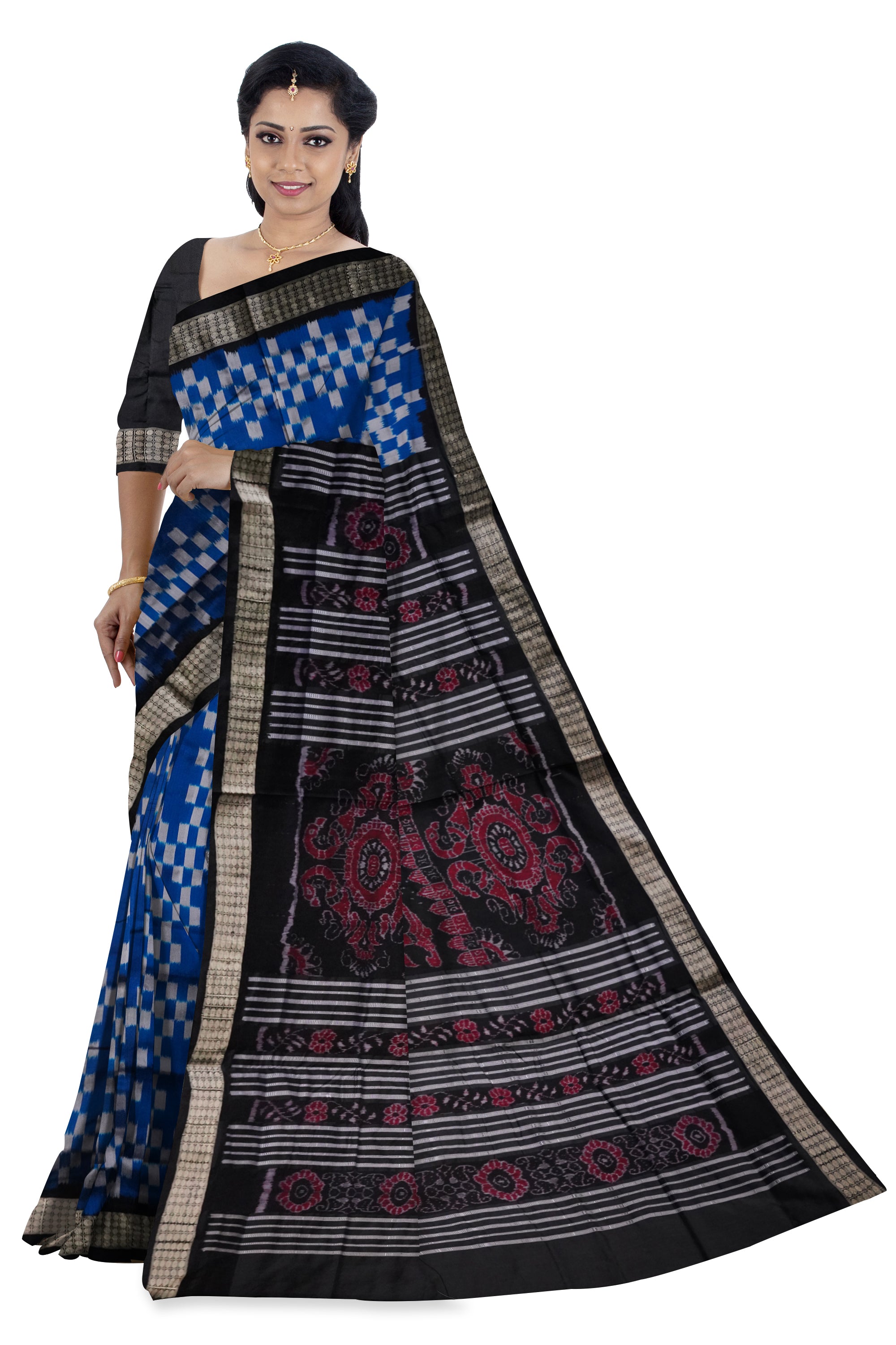 Full body pasapali pattern sambalpuri pata saree in Sky and Black colour. - Koshali Arts & Crafts Enterprise