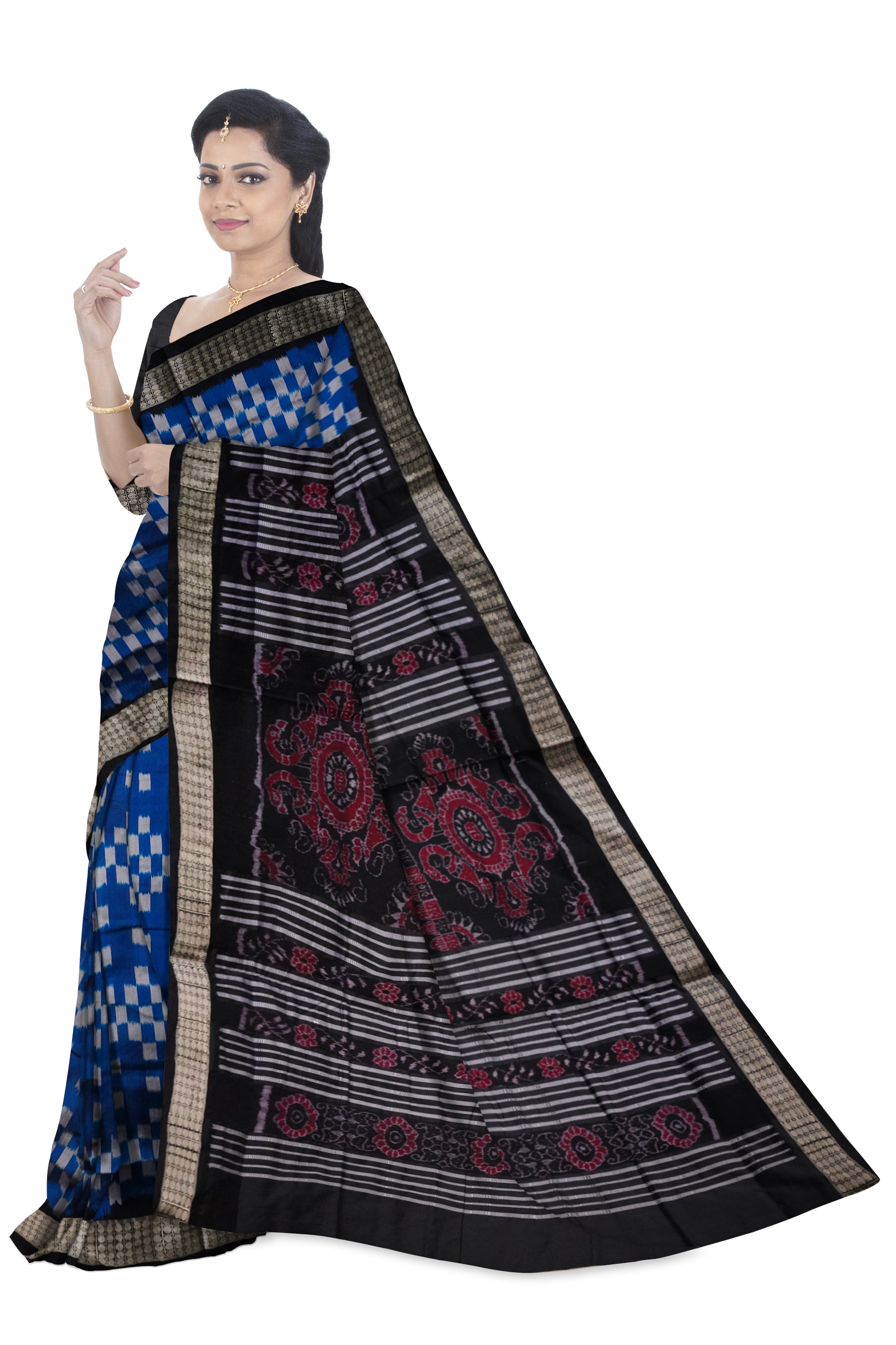 Full body pasapali pattern sambalpuri pata saree in Sky and Black colour. - Koshali Arts & Crafts Enterprise