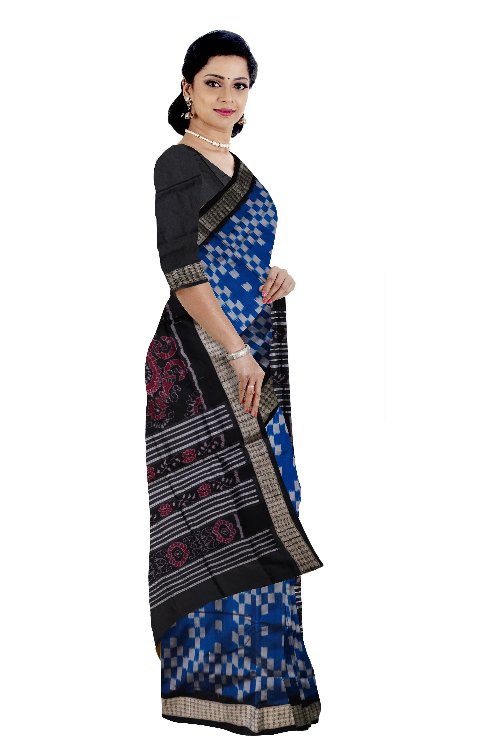 Full body pasapali pattern sambalpuri pata saree in Sky and Black colour. - Koshali Arts & Crafts Enterprise