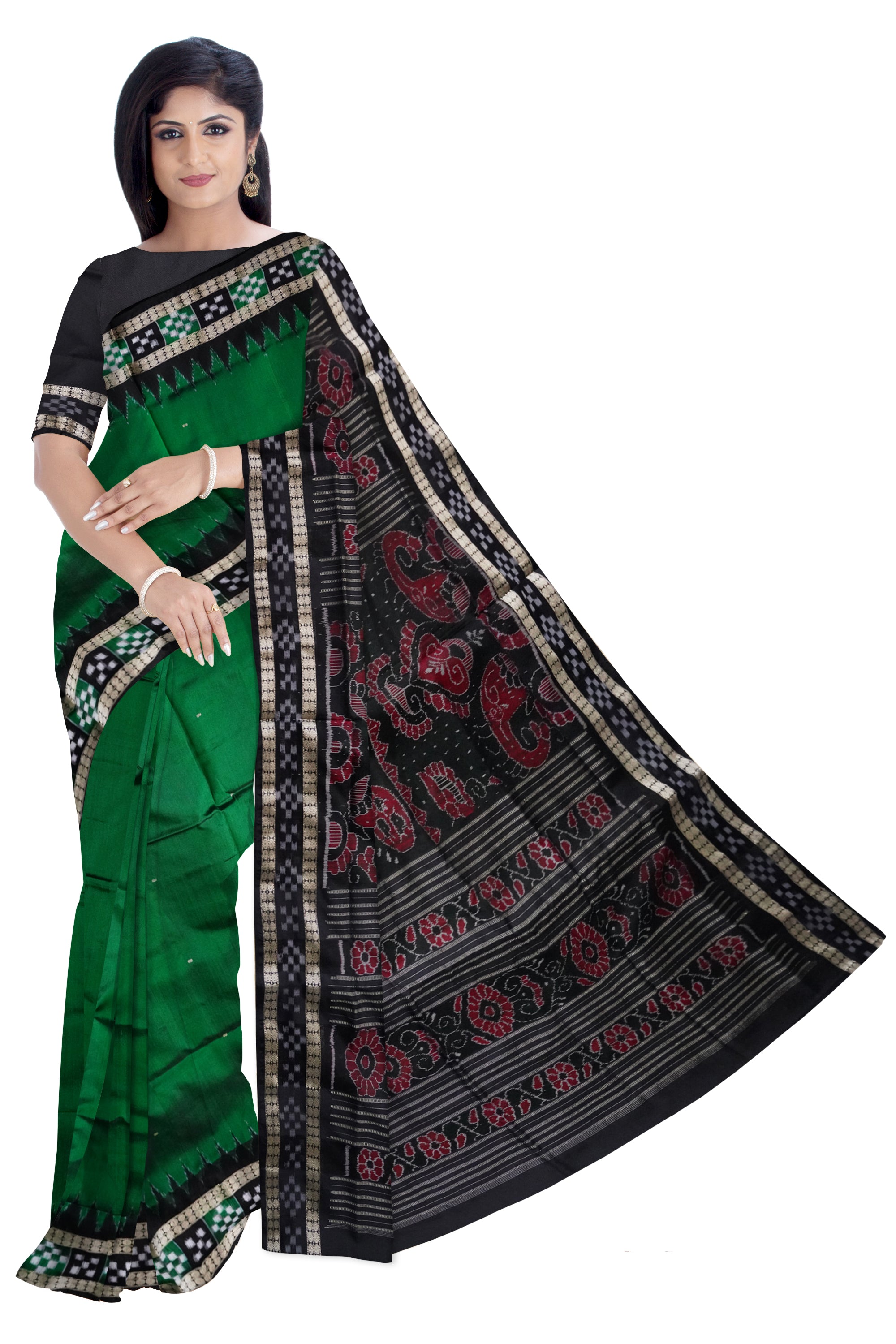 Green and Black dhadi pasapali pattern sambalpuri pata saree. - Koshali Arts & Crafts Enterprise