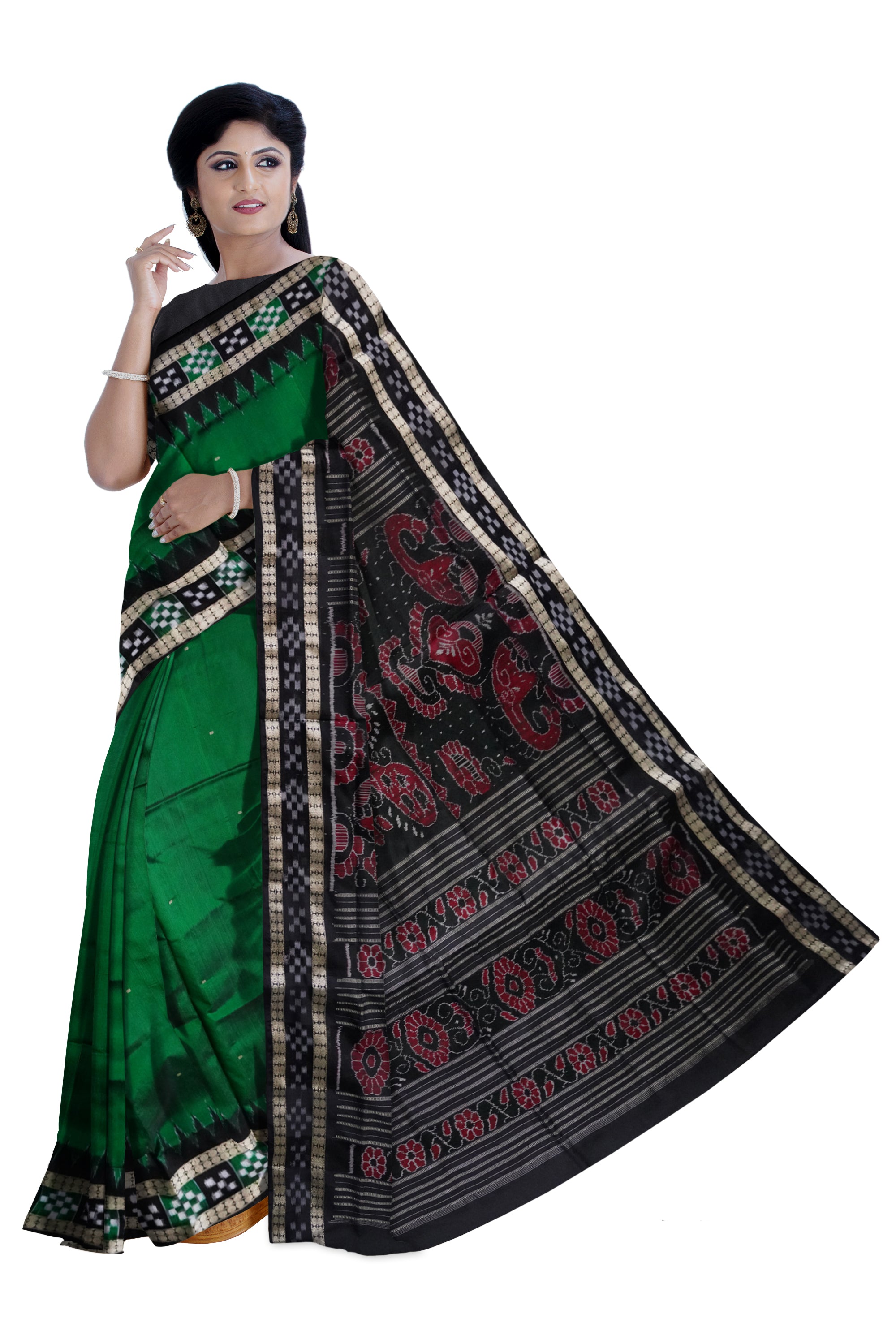Green and Black dhadi pasapali pattern sambalpuri pata saree. - Koshali Arts & Crafts Enterprise