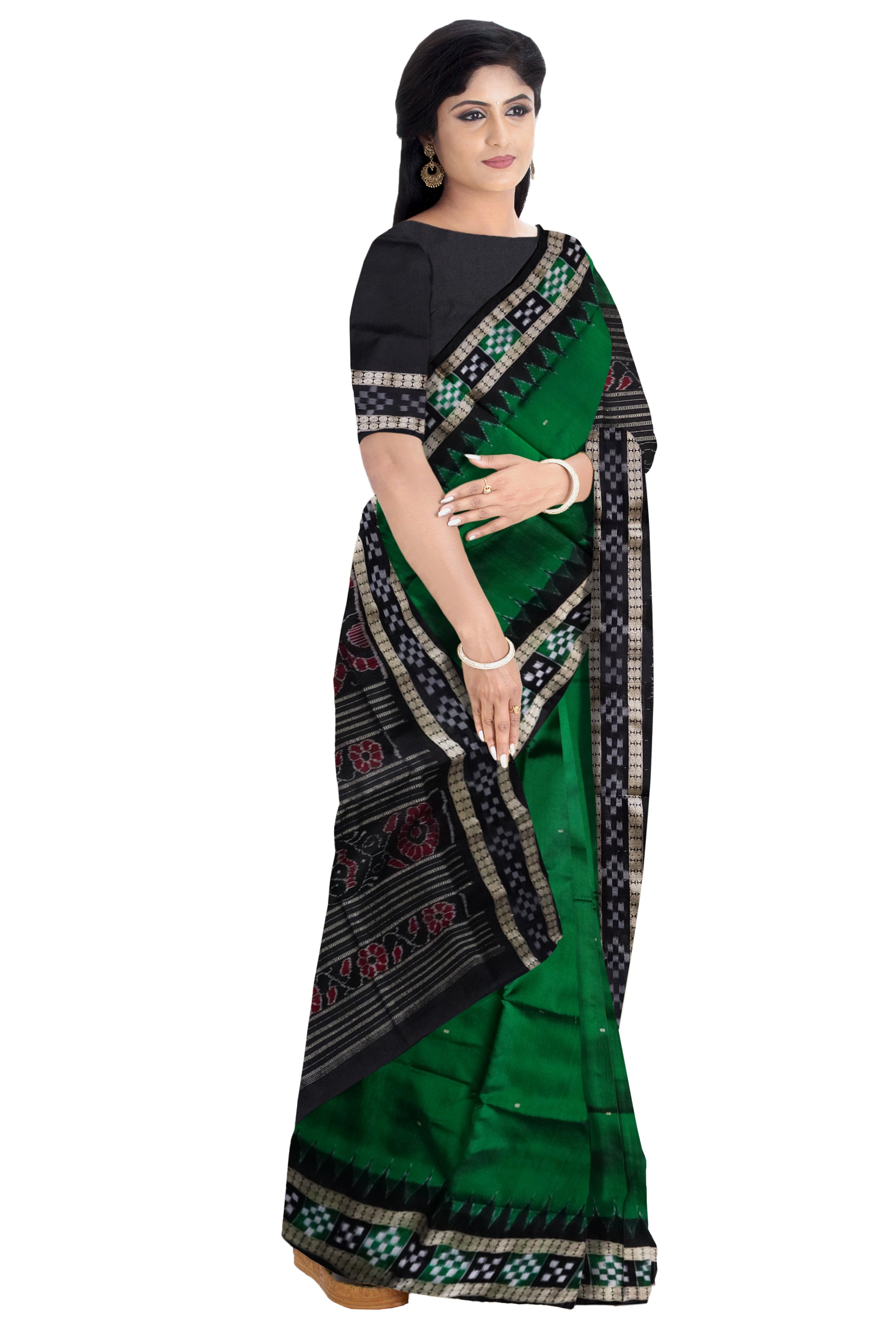 Green and Black dhadi pasapali pattern sambalpuri pata saree. - Koshali Arts & Crafts Enterprise