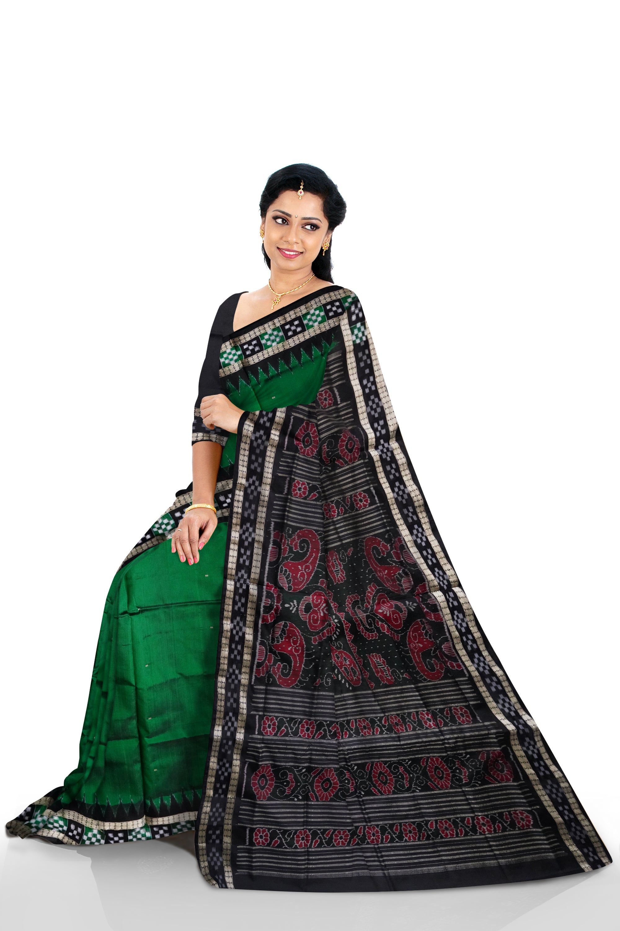 Green and Black dhadi pasapali pattern sambalpuri pata saree. - Koshali Arts & Crafts Enterprise