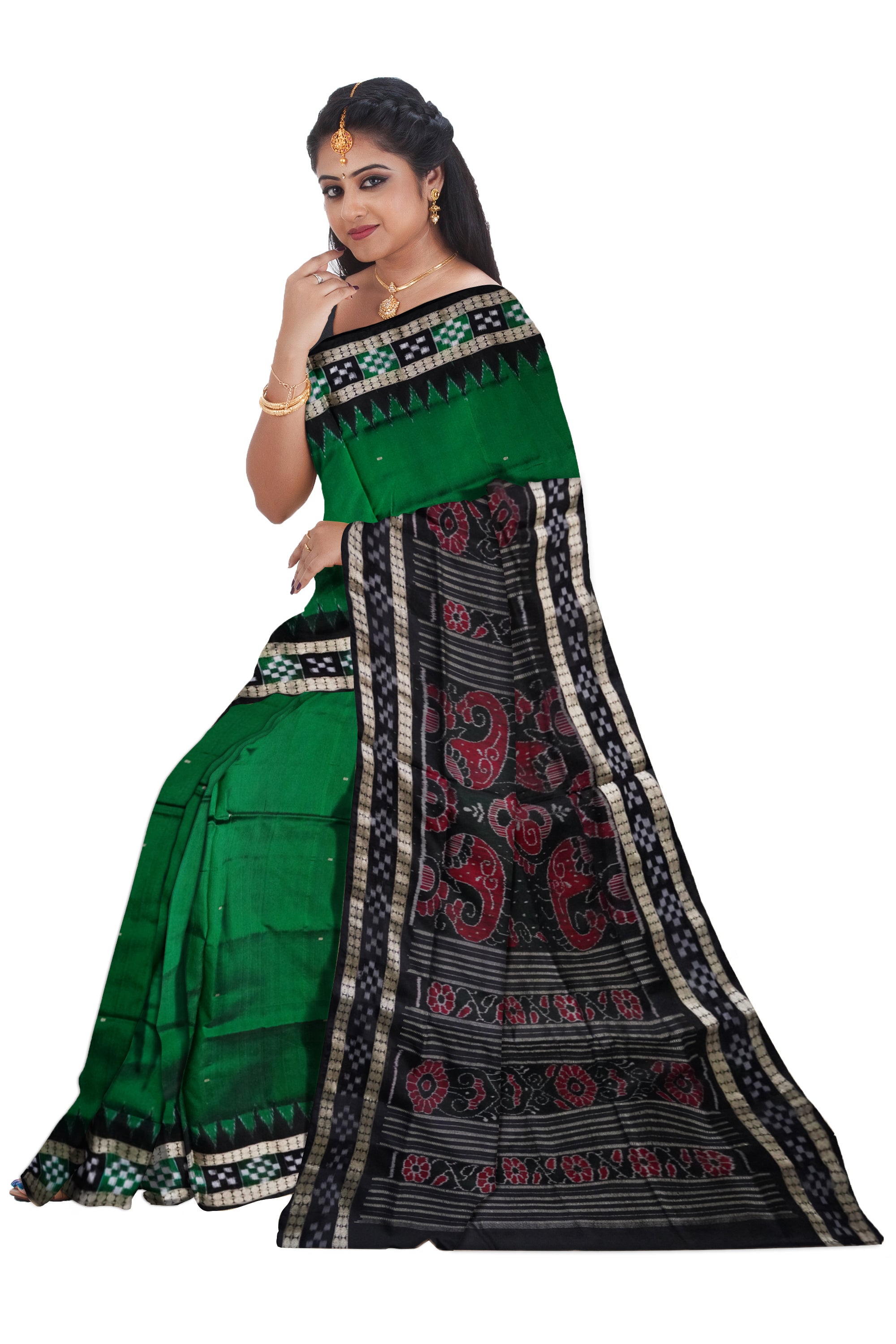 Green and Black dhadi pasapali pattern sambalpuri pata saree. - Koshali Arts & Crafts Enterprise