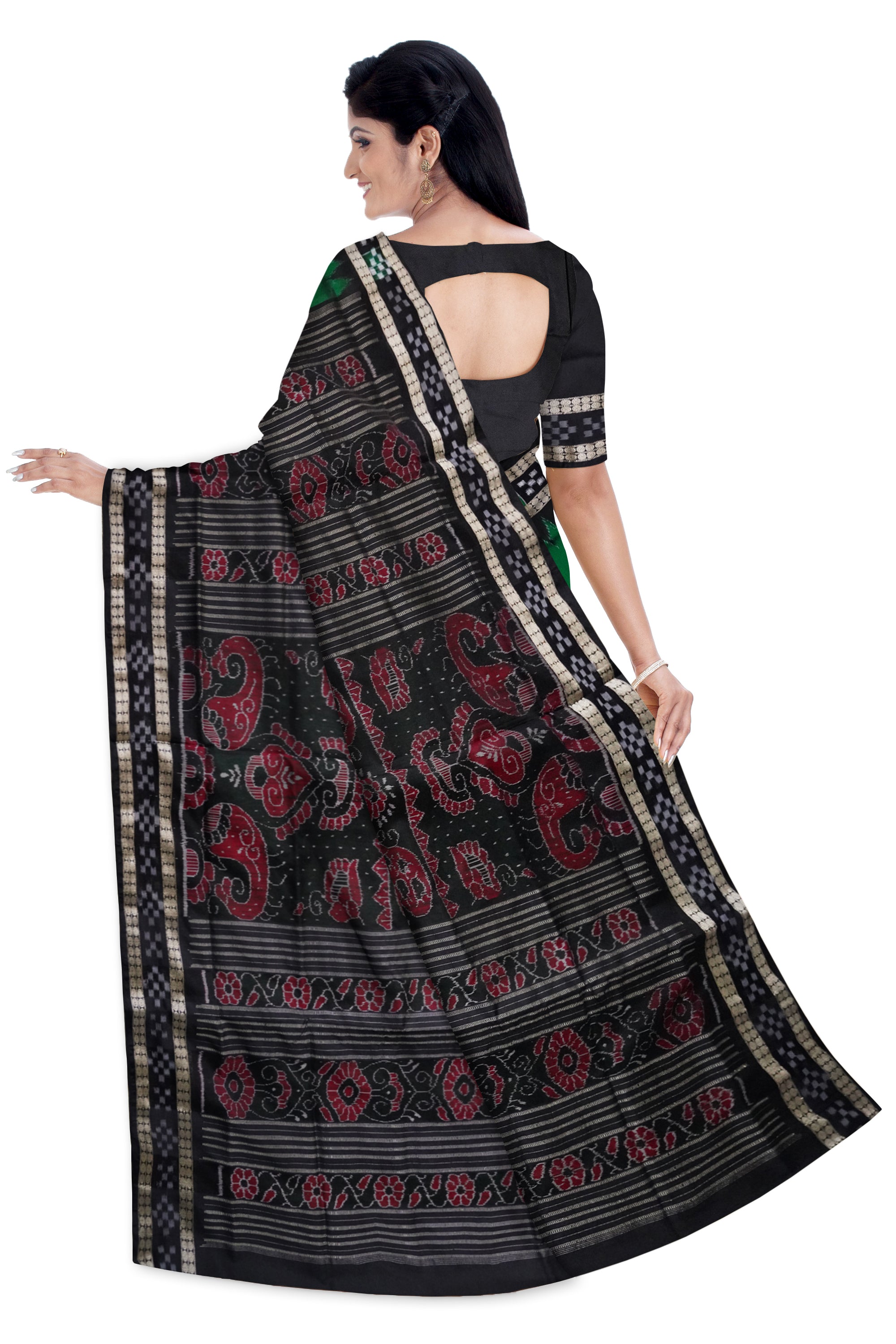 Green and Black dhadi pasapali pattern sambalpuri pata saree. - Koshali Arts & Crafts Enterprise