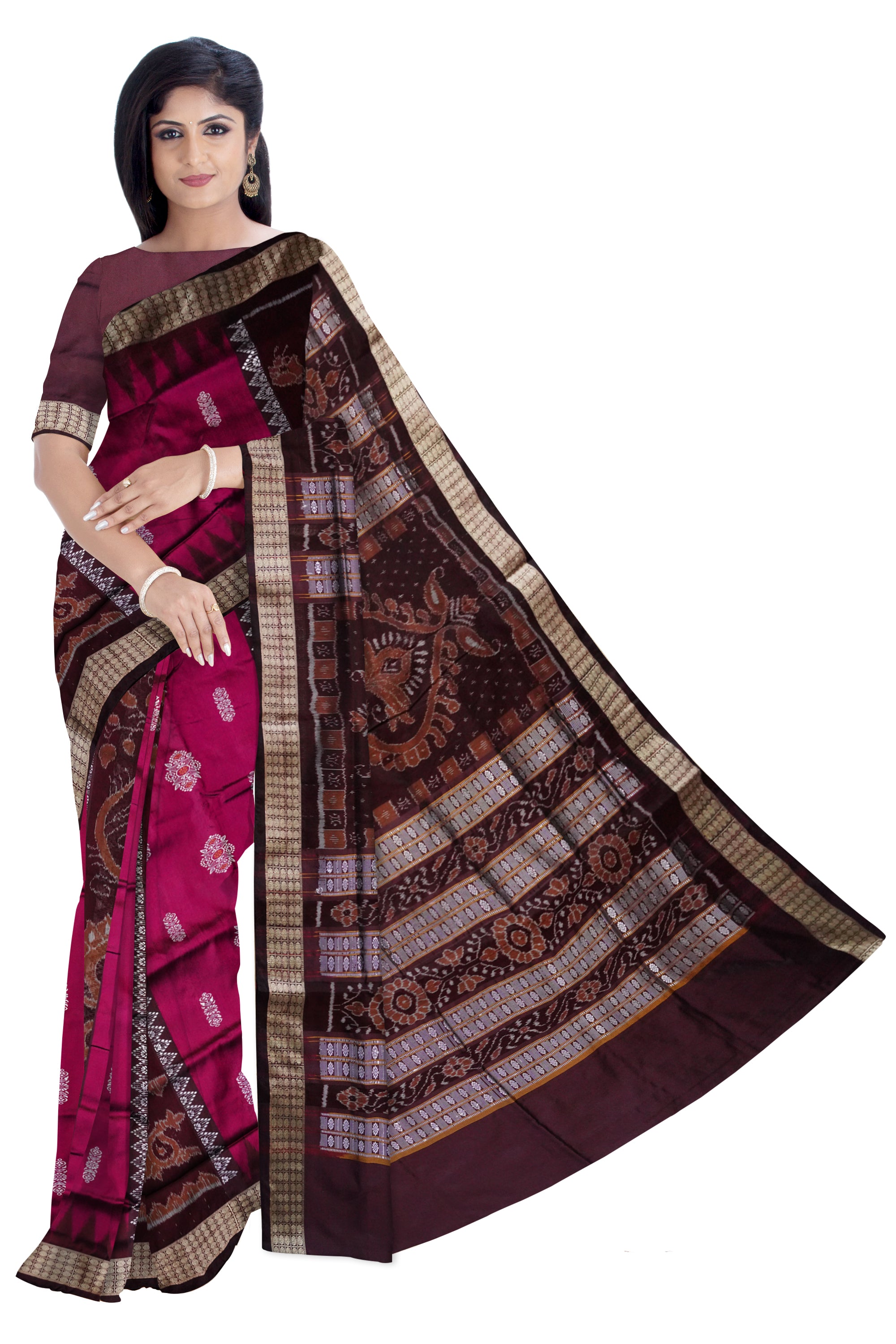 Bomkei with bandha pattern pata saree in Pink and Coffee color. - Koshali Arts & Crafts Enterprise