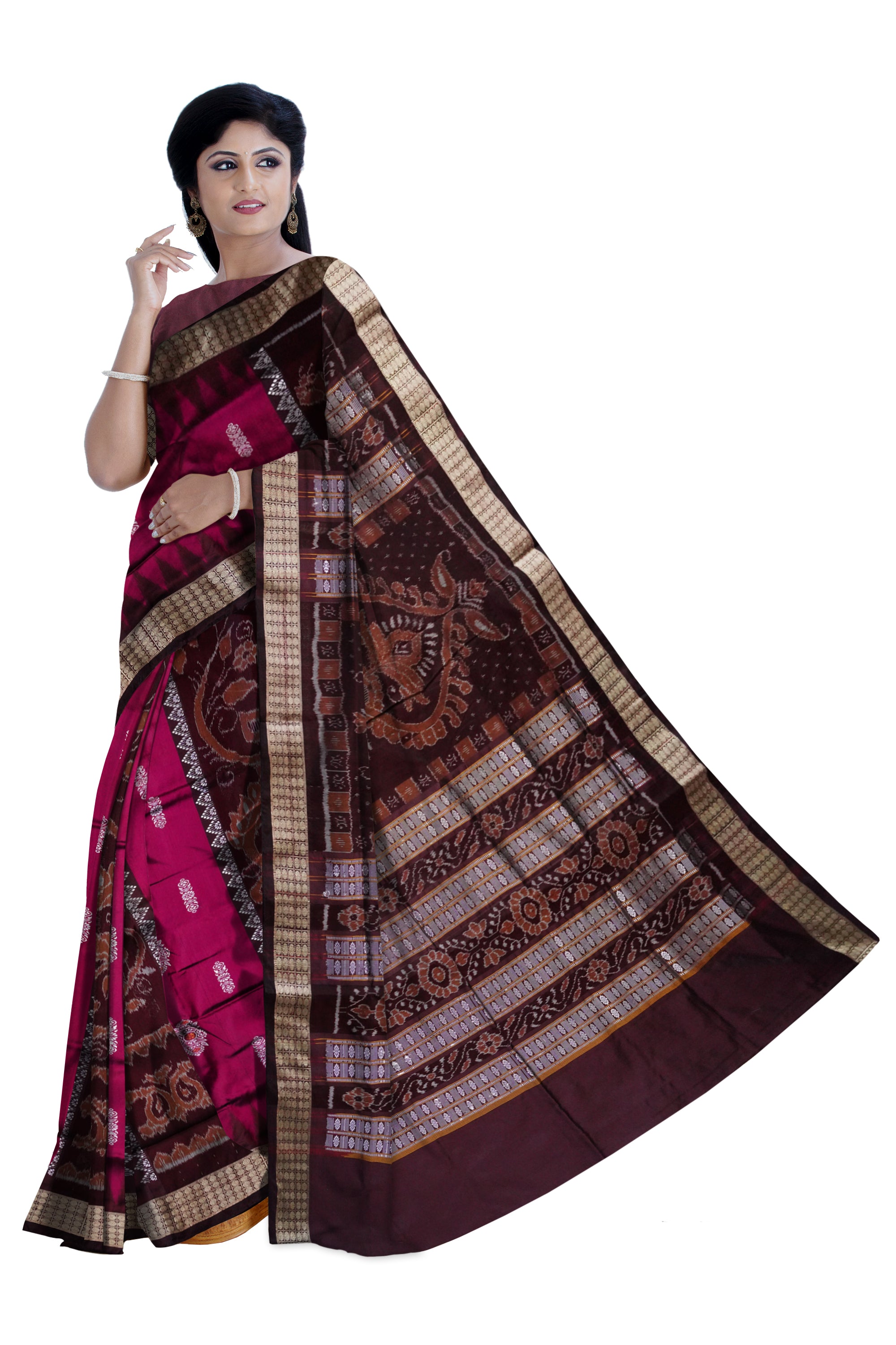 Bomkei with bandha pattern pata saree in Pink and Coffee color. - Koshali Arts & Crafts Enterprise