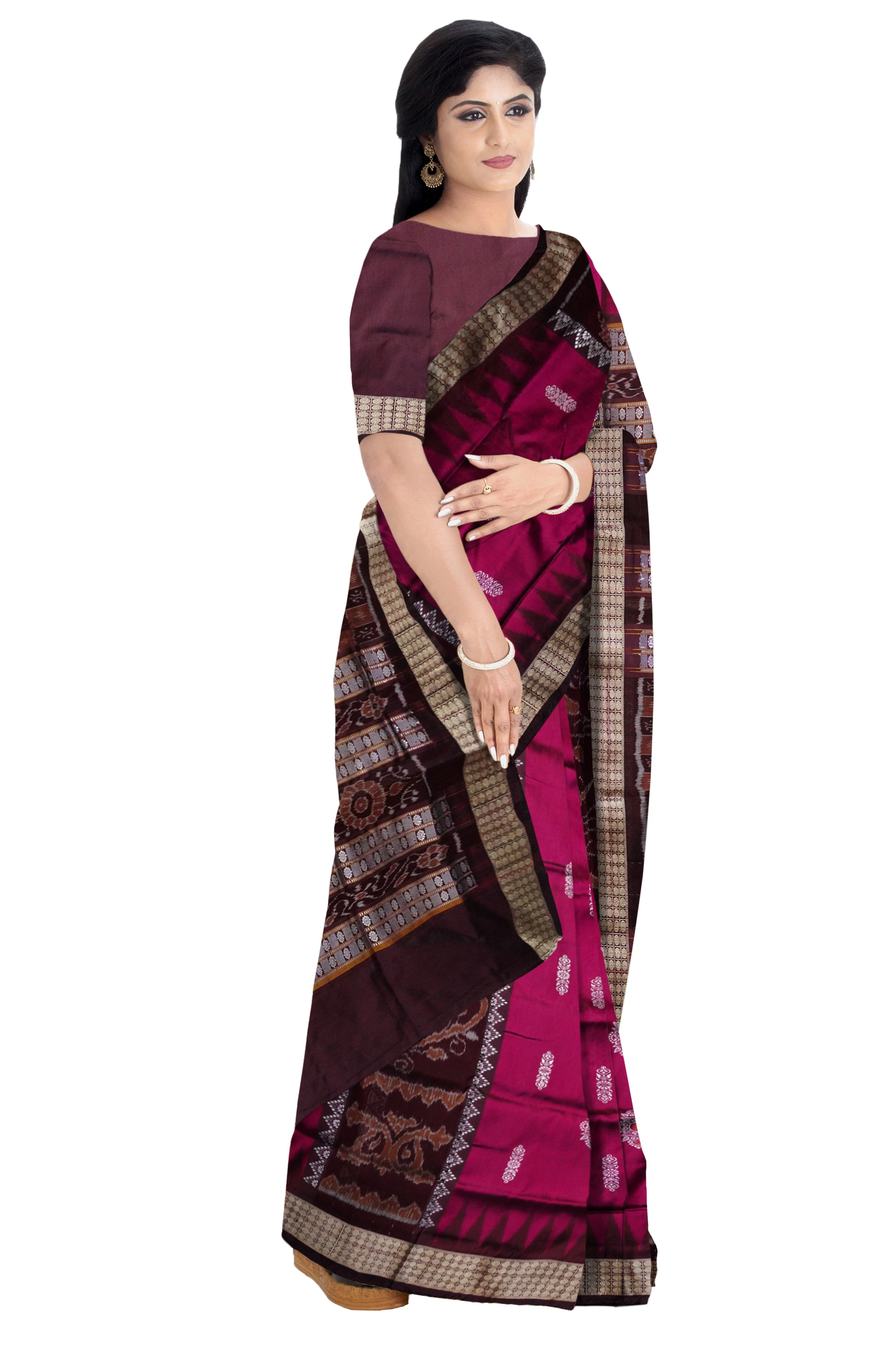 Bomkei with bandha pattern pata saree in Pink and Coffee color. - Koshali Arts & Crafts Enterprise