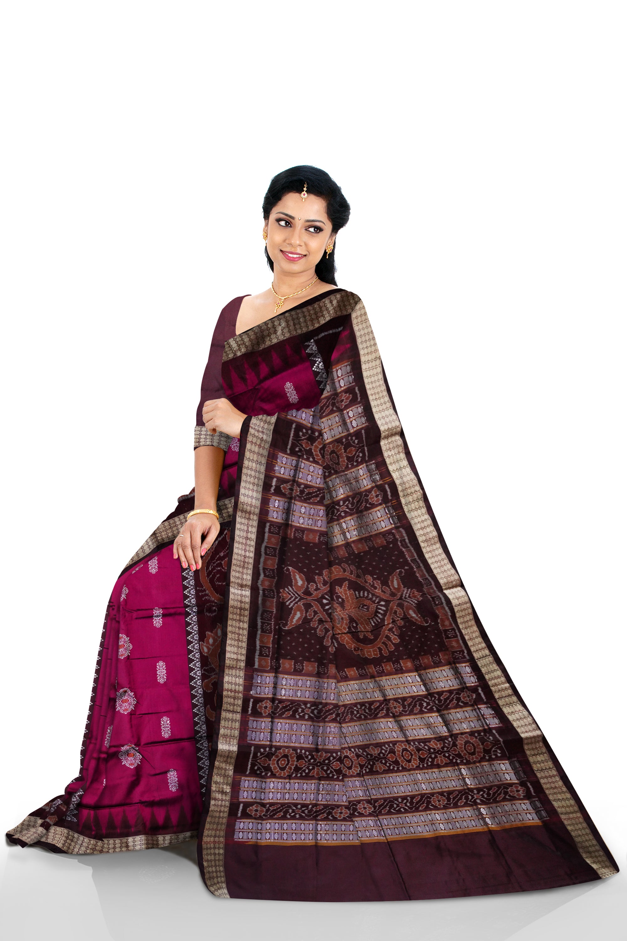 Bomkei with bandha pattern pata saree in Pink and Coffee color. - Koshali Arts & Crafts Enterprise