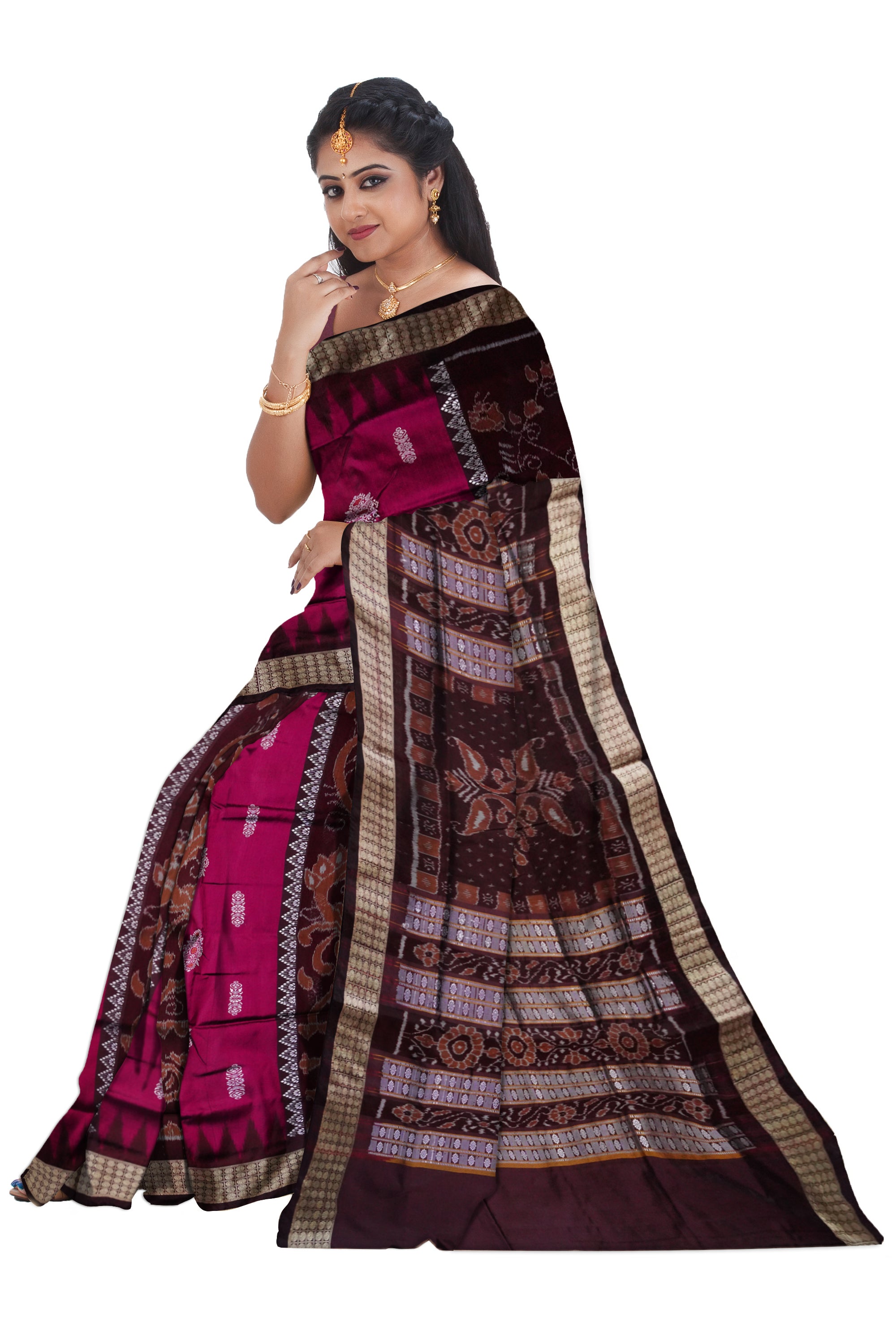 Bomkei with bandha pattern pata saree in Pink and Coffee color. - Koshali Arts & Crafts Enterprise