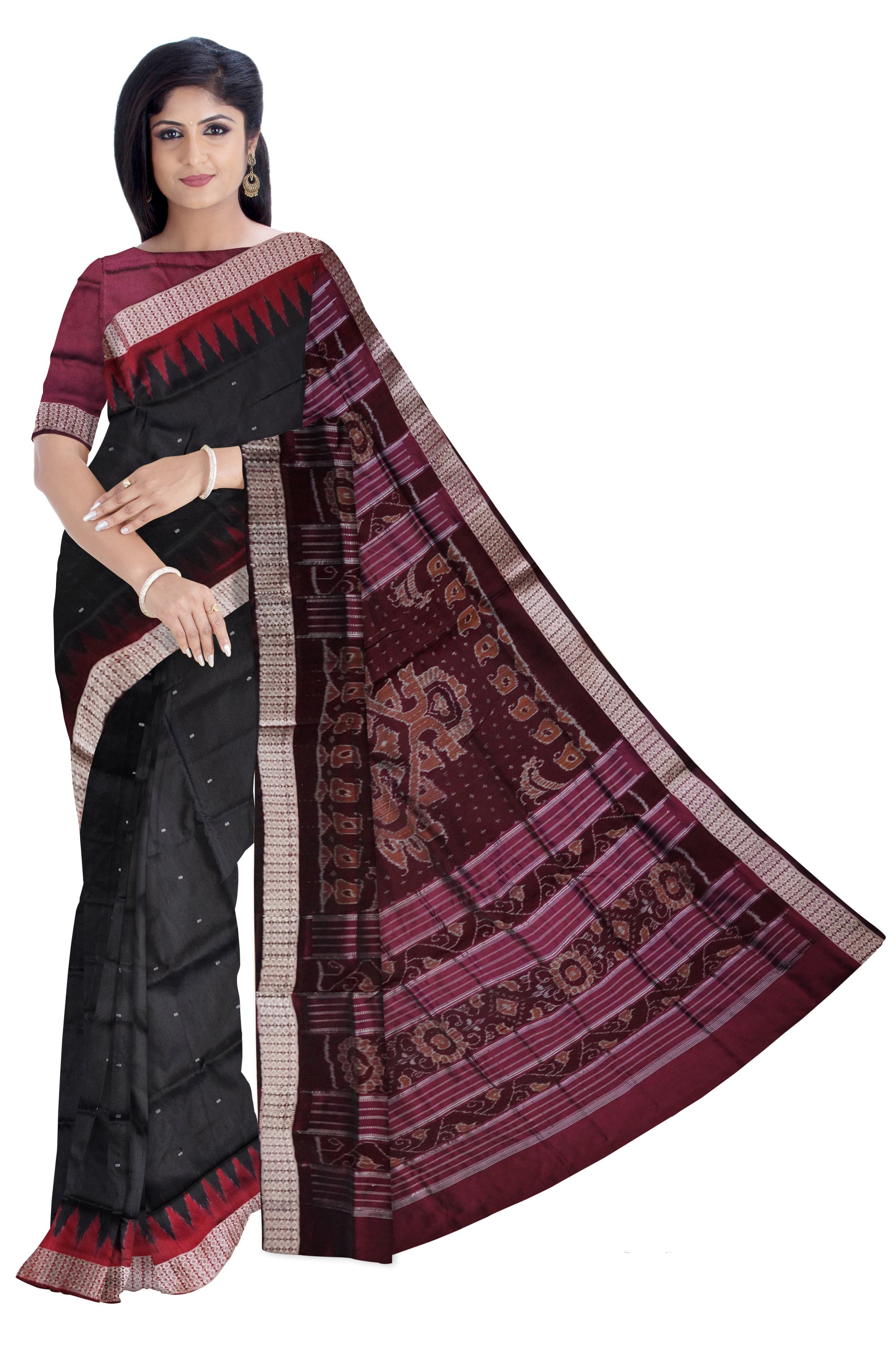 Black and maroon color plain sambalpuri pata saree. - Koshali Arts & Crafts Enterprise