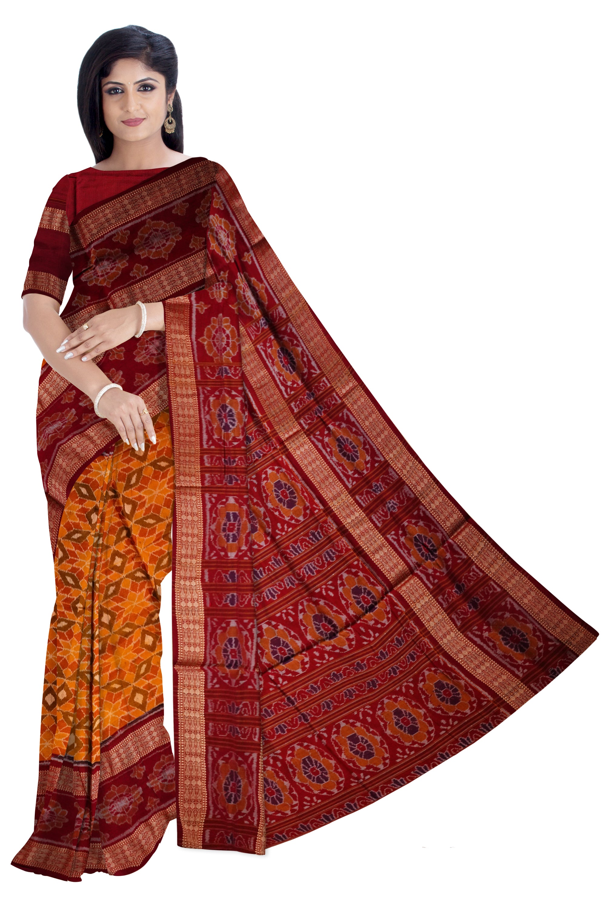 Yellow and marron color Sambalpuri cotton saree with big border. - Koshali Arts & Crafts Enterprise