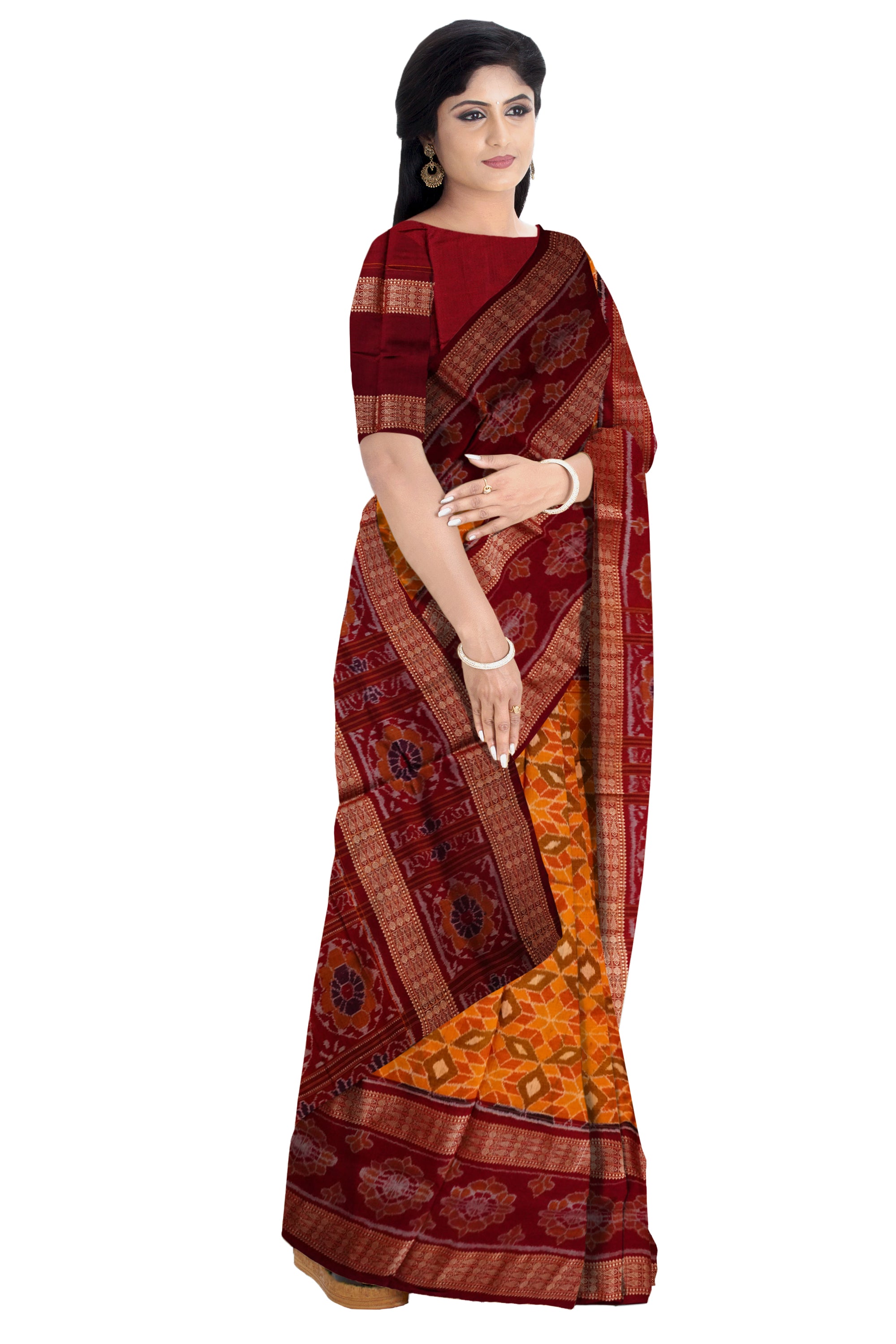 Yellow and marron color Sambalpuri cotton saree with big border. - Koshali Arts & Crafts Enterprise