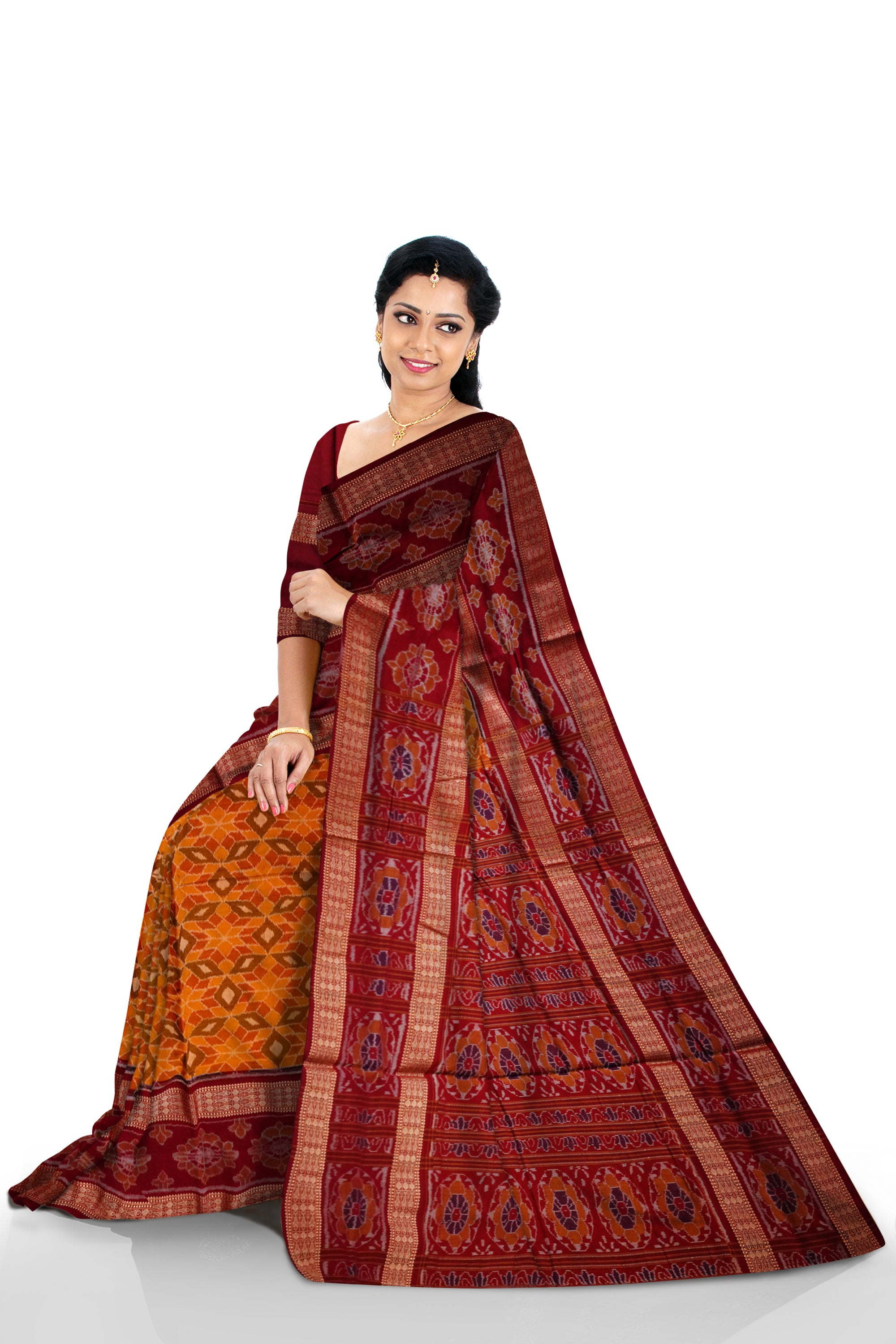Yellow and marron color Sambalpuri cotton saree with big border. - Koshali Arts & Crafts Enterprise