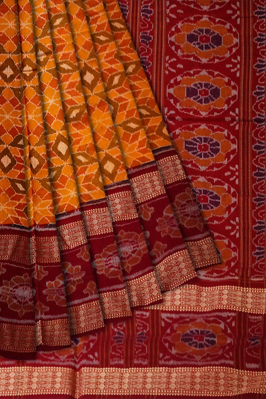 Yellow and marron color Sambalpuri cotton saree with big border. - Koshali Arts & Crafts Enterprise