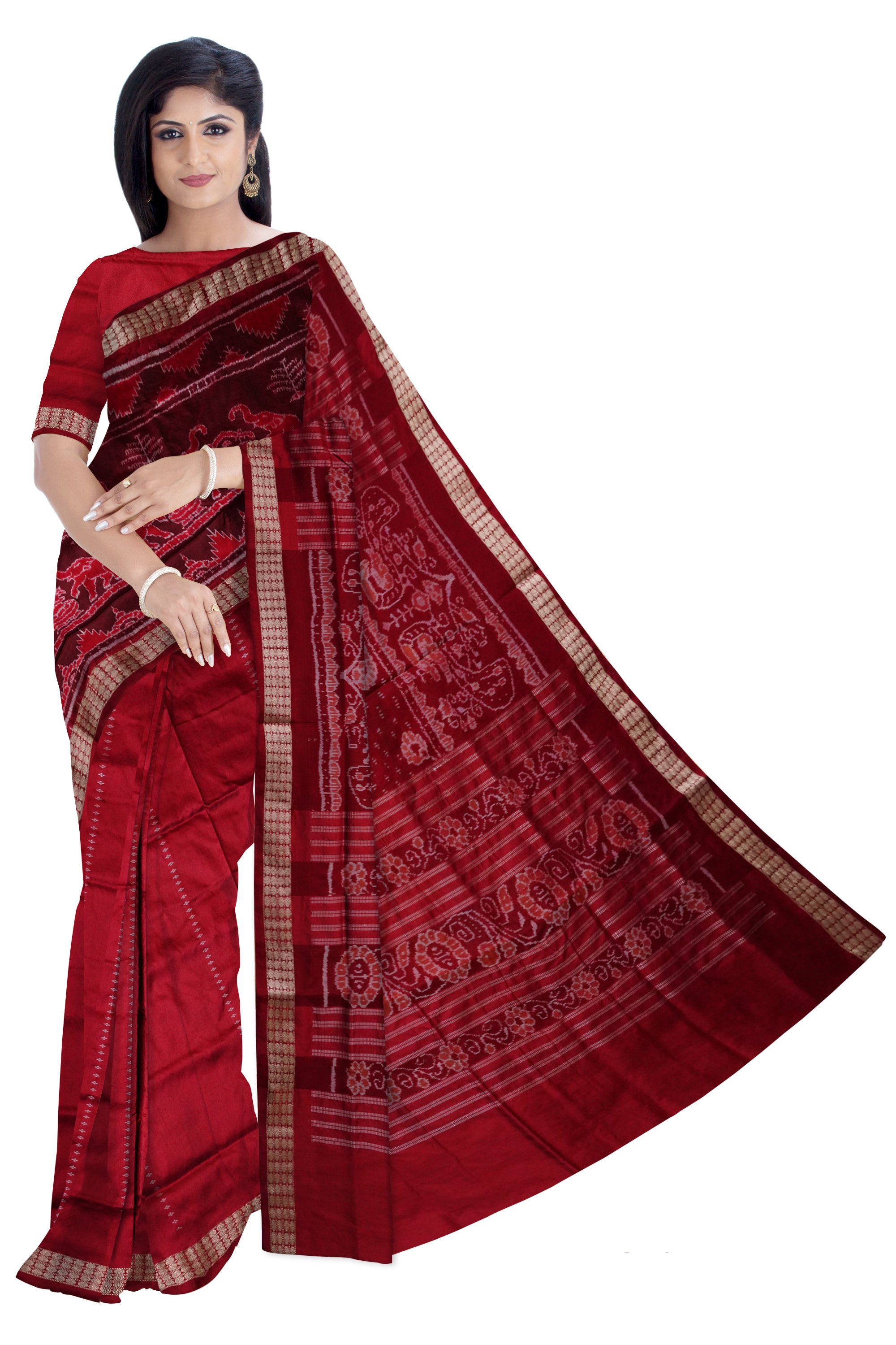 Elephant with Deer pattern patli pata saree in Maroon & Coffee color. - Koshali Arts & Crafts Enterprise