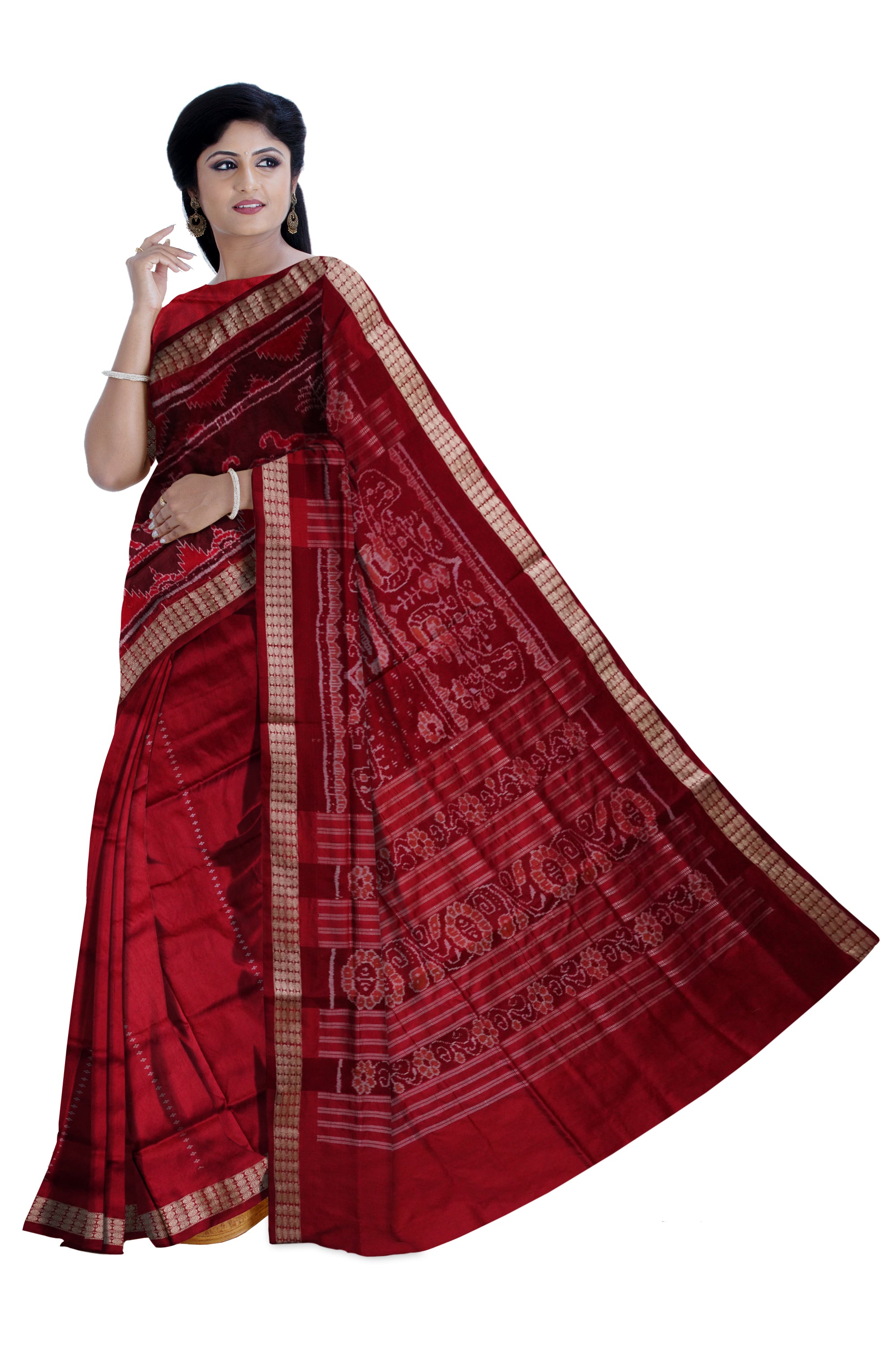 Elephant with Deer pattern patli pata saree in Maroon & Coffee color. - Koshali Arts & Crafts Enterprise