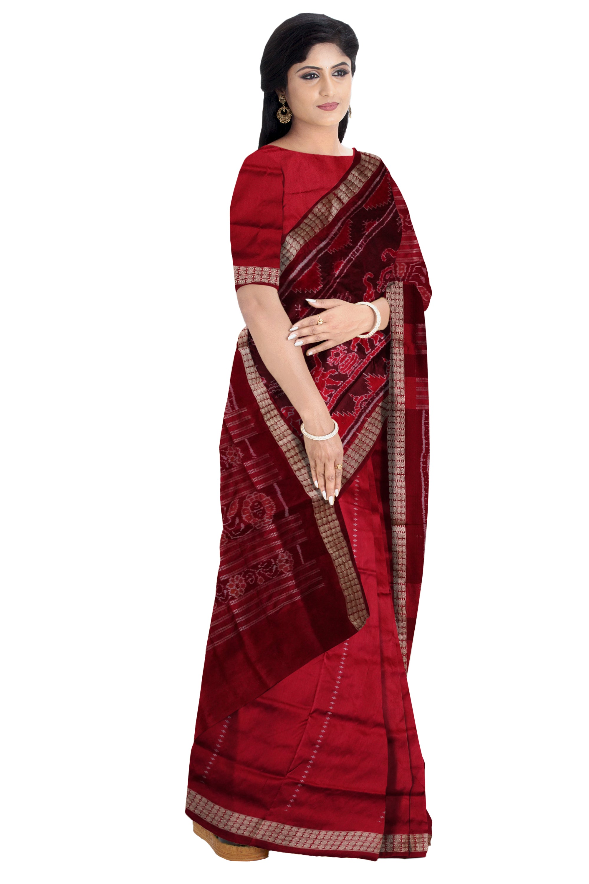 Elephant with Deer pattern patli pata saree in Maroon & Coffee color. - Koshali Arts & Crafts Enterprise