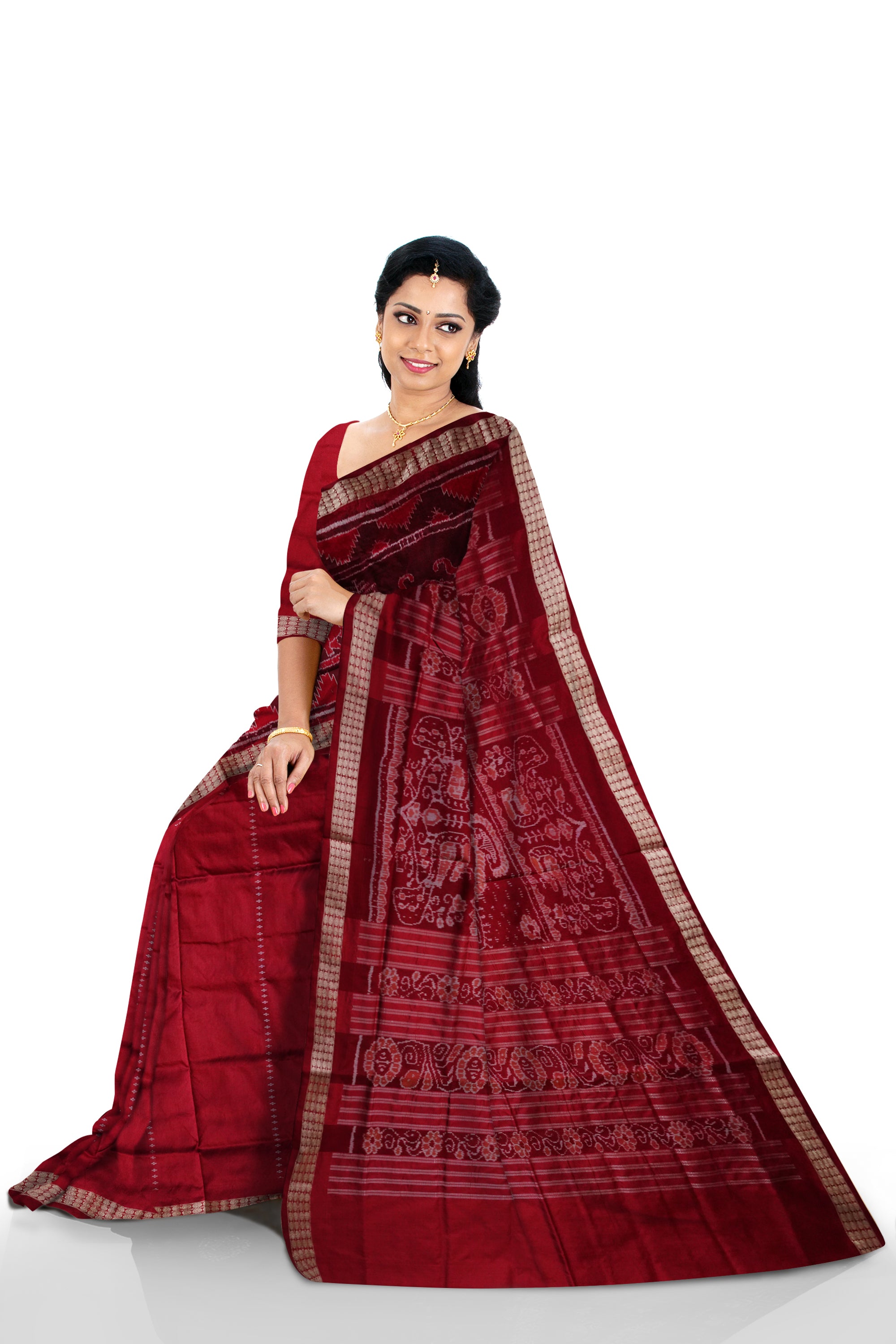 Elephant with Deer pattern patli pata saree in Maroon & Coffee color. - Koshali Arts & Crafts Enterprise