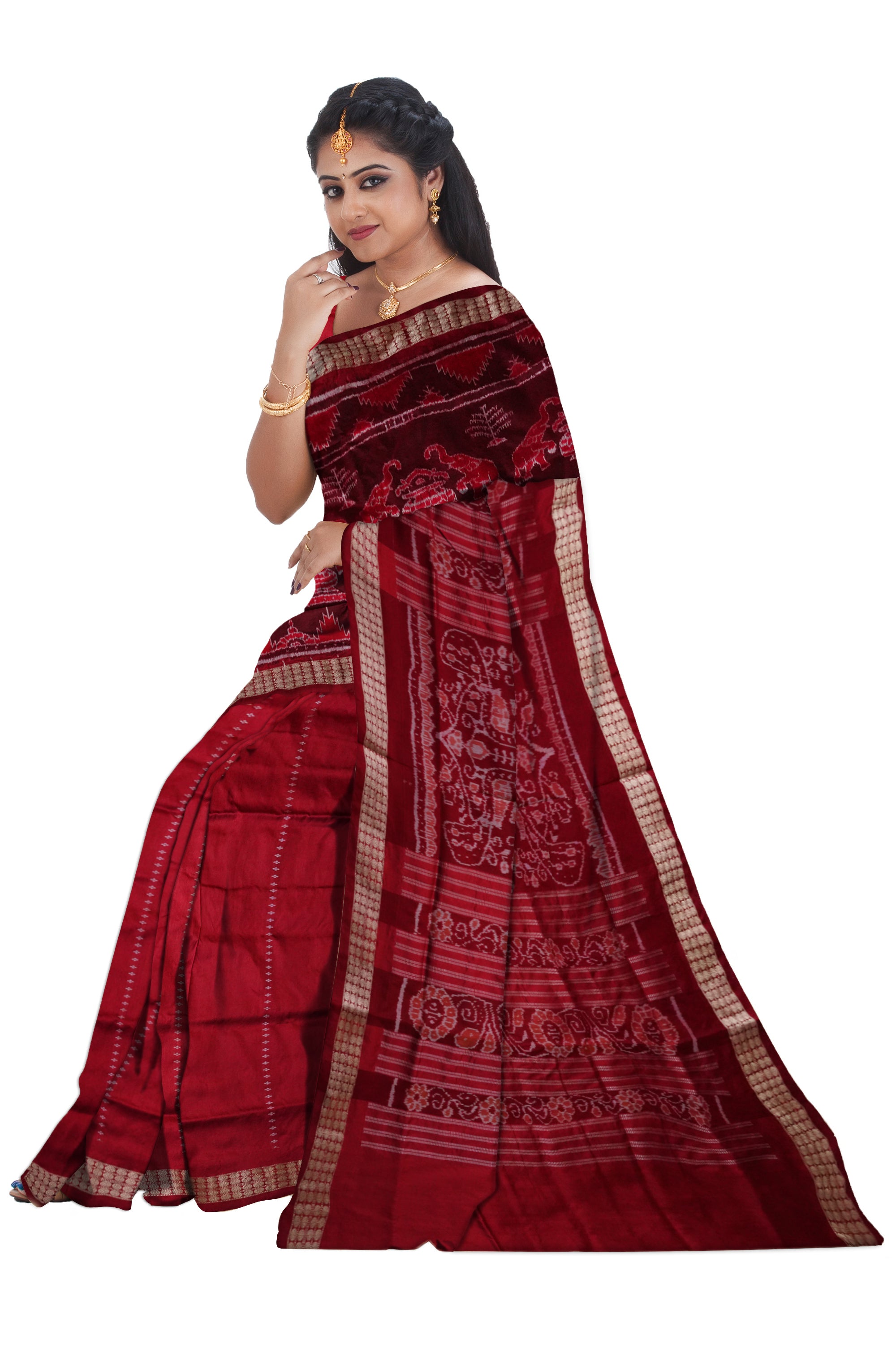 Elephant with Deer pattern patli pata saree in Maroon & Coffee color. - Koshali Arts & Crafts Enterprise