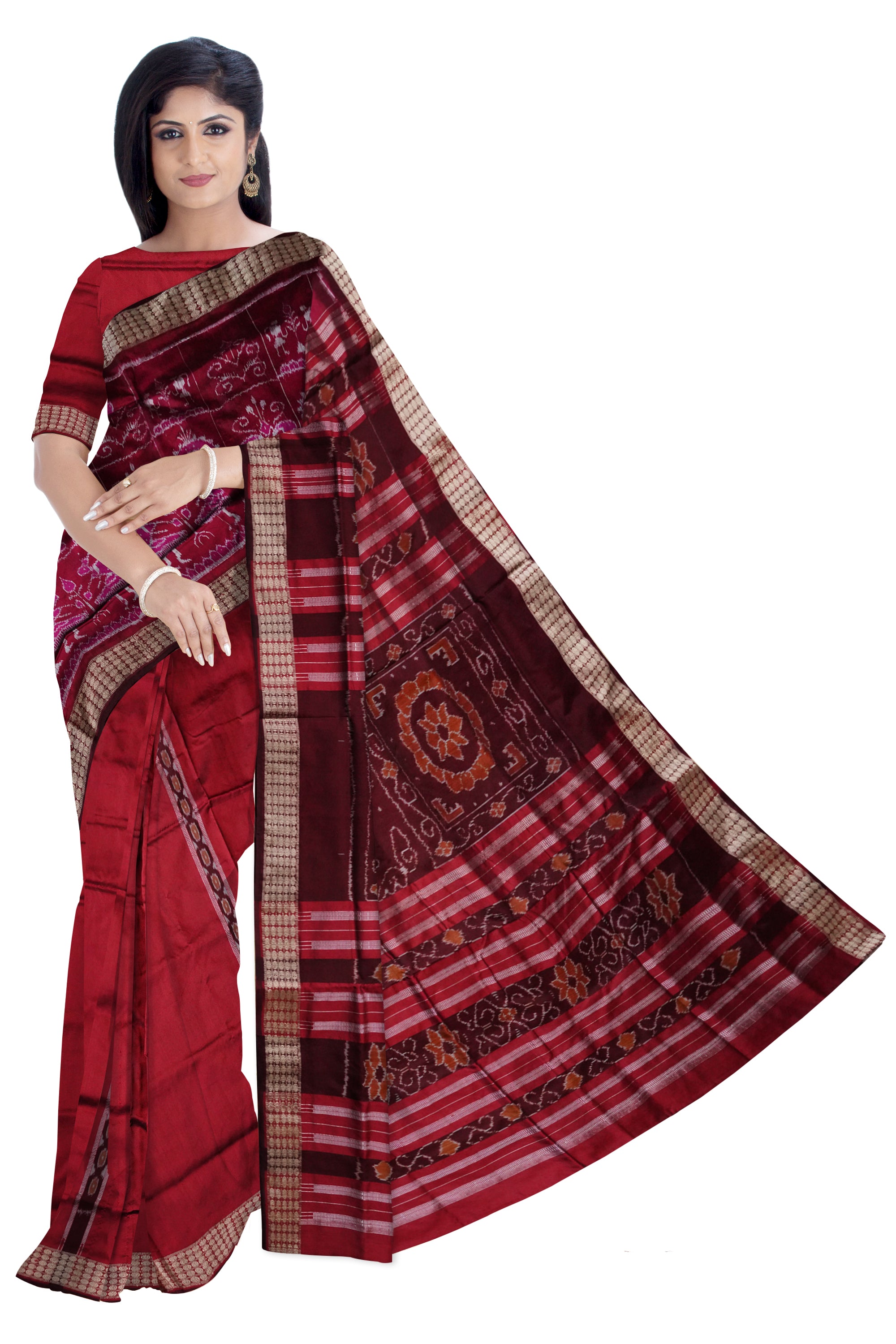 Deep pink & Maroon color terracotta pattern patli pata saree. - Koshali Arts & Crafts Enterprise