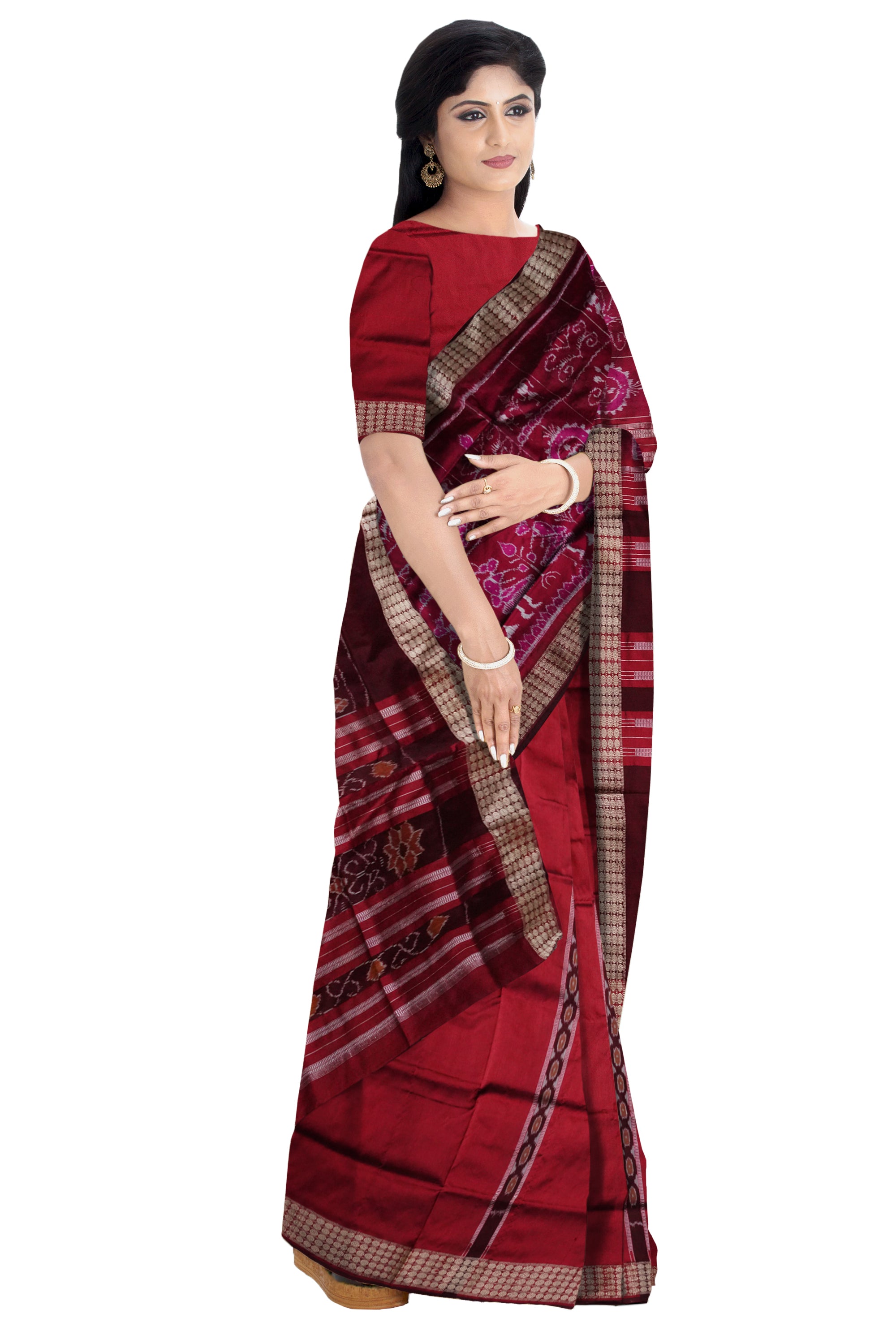 Deep pink & Maroon color terracotta pattern patli pata saree. - Koshali Arts & Crafts Enterprise