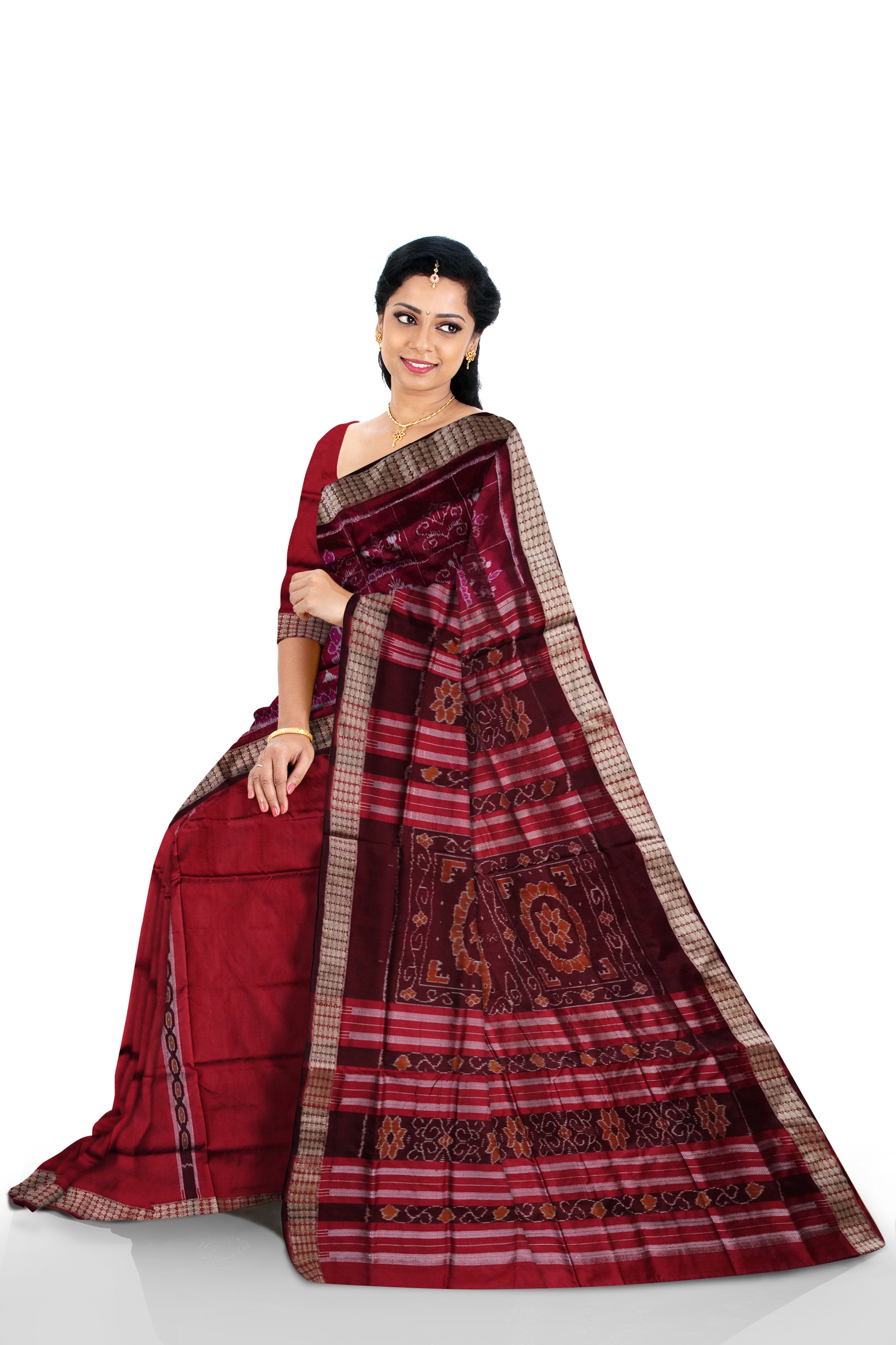 Deep pink & Maroon color terracotta pattern patli pata saree. - Koshali Arts & Crafts Enterprise