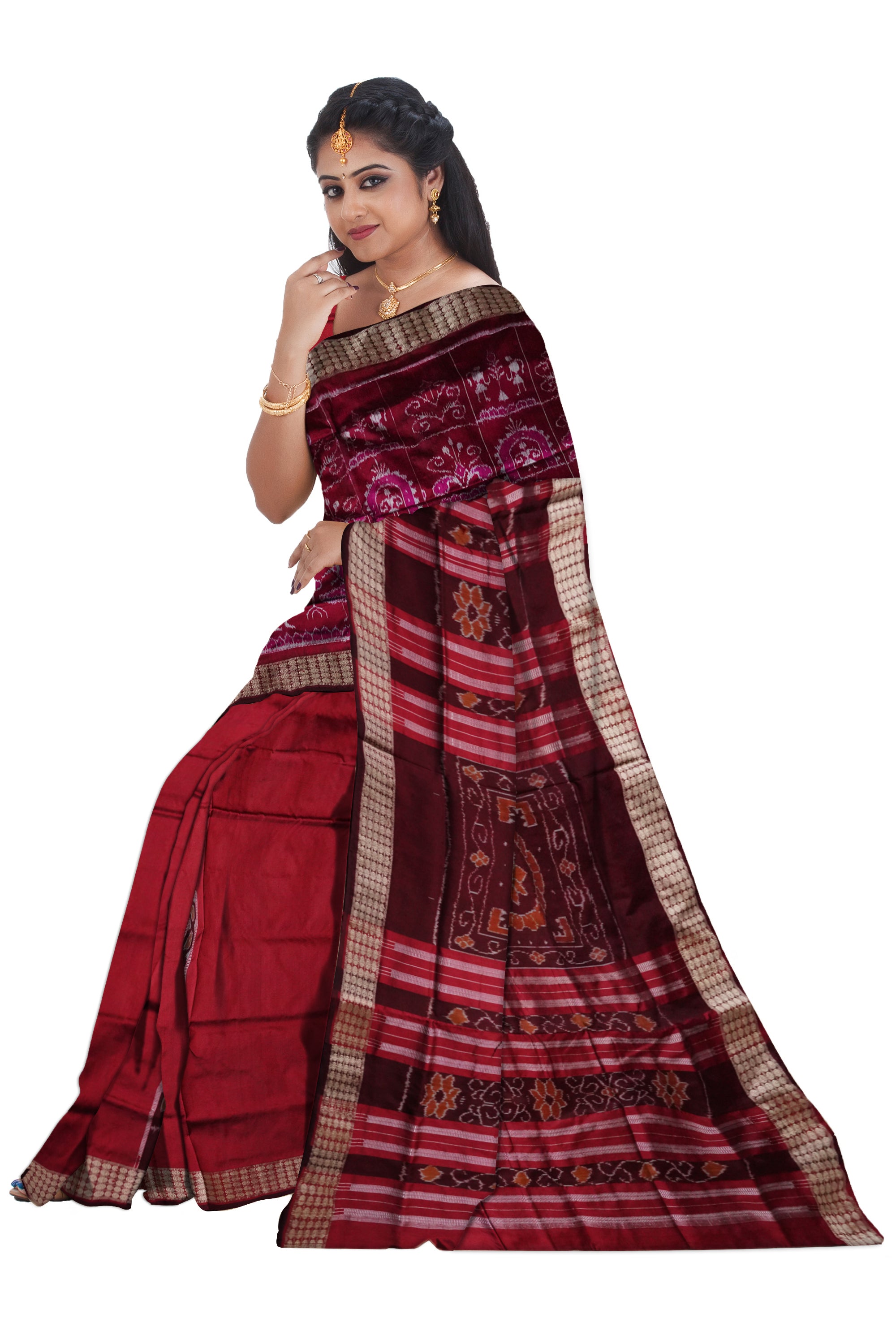 Deep pink & Maroon color terracotta pattern patli pata saree. - Koshali Arts & Crafts Enterprise