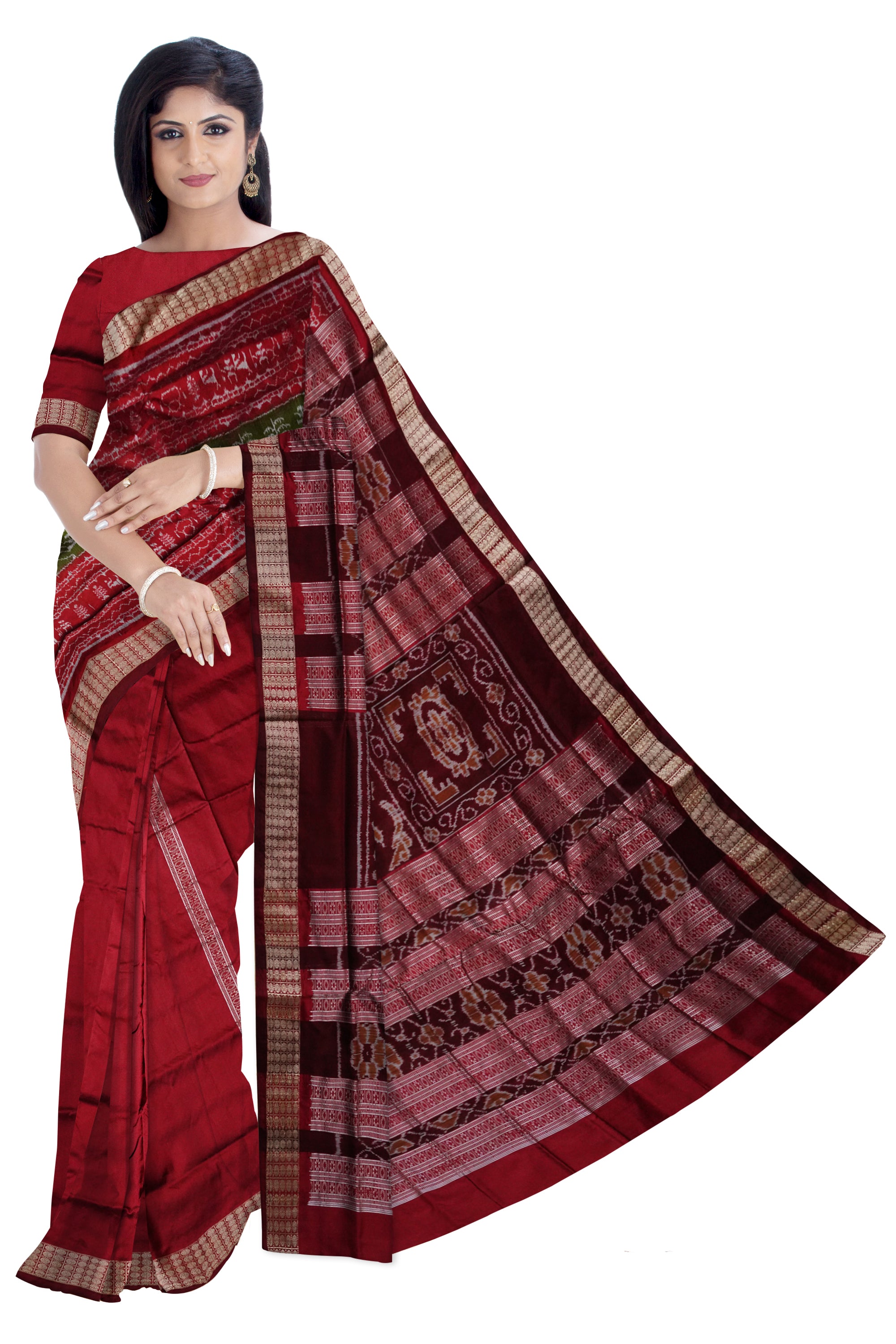 Latest terracotta pattern patli design pata saree is Mehendi & Maroon color. - Koshali Arts & Crafts Enterprise