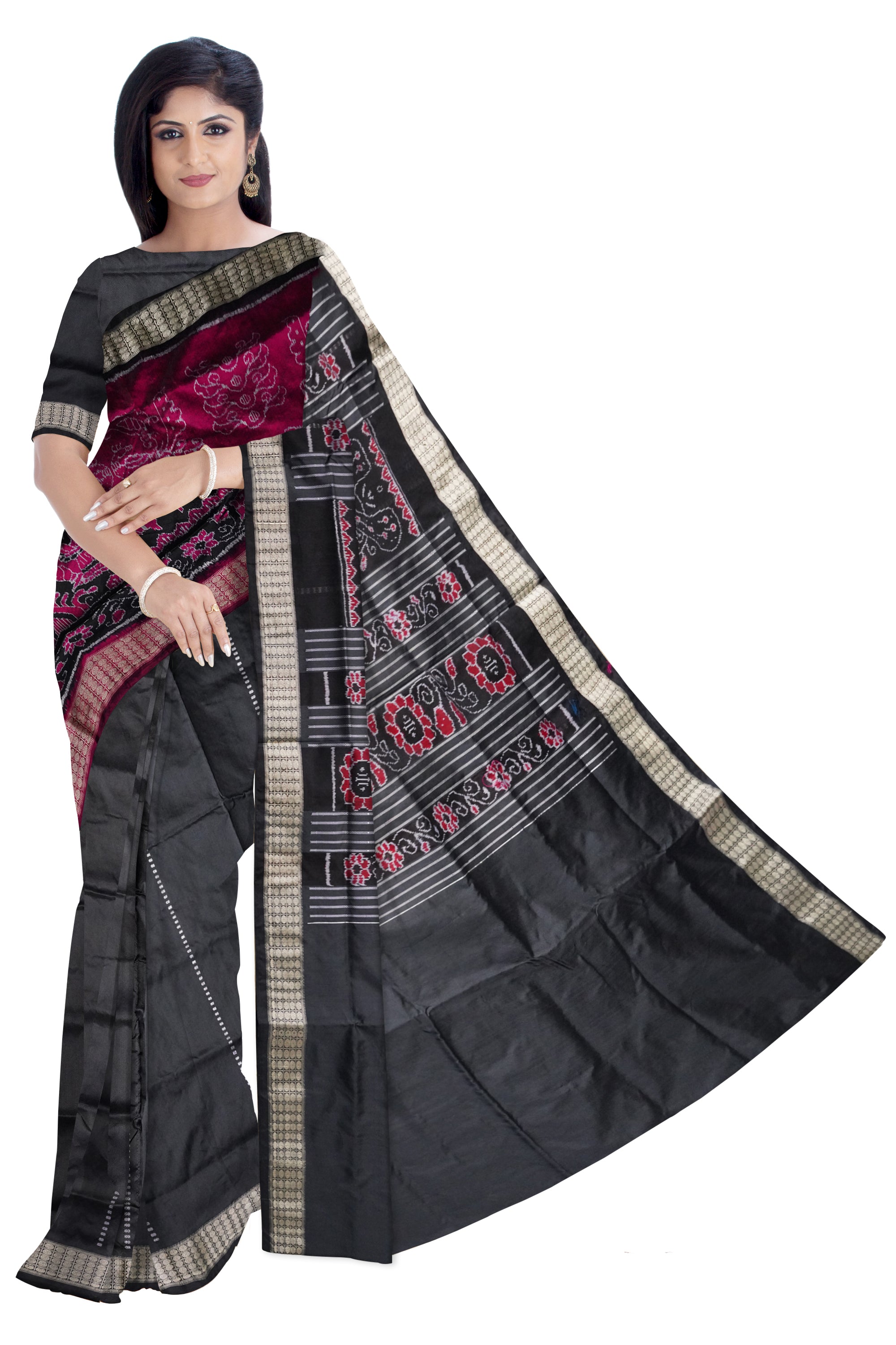 Nartaki with Peacock pattern patli pata saree in Deep-pink & Black color. - Koshali Arts & Crafts Enterprise