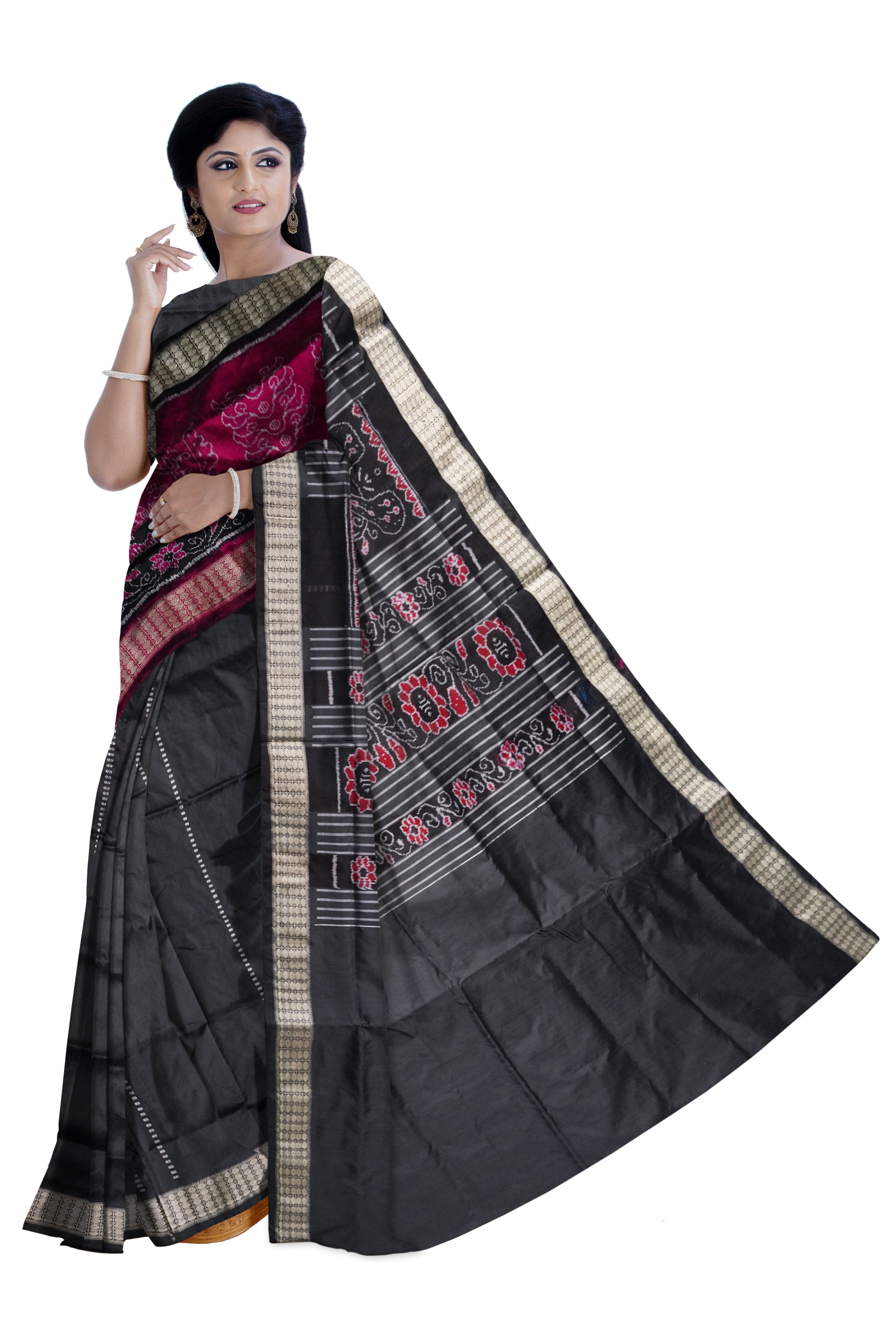 Nartaki with Peacock pattern patli pata saree in Deep-pink & Black color. - Koshali Arts & Crafts Enterprise