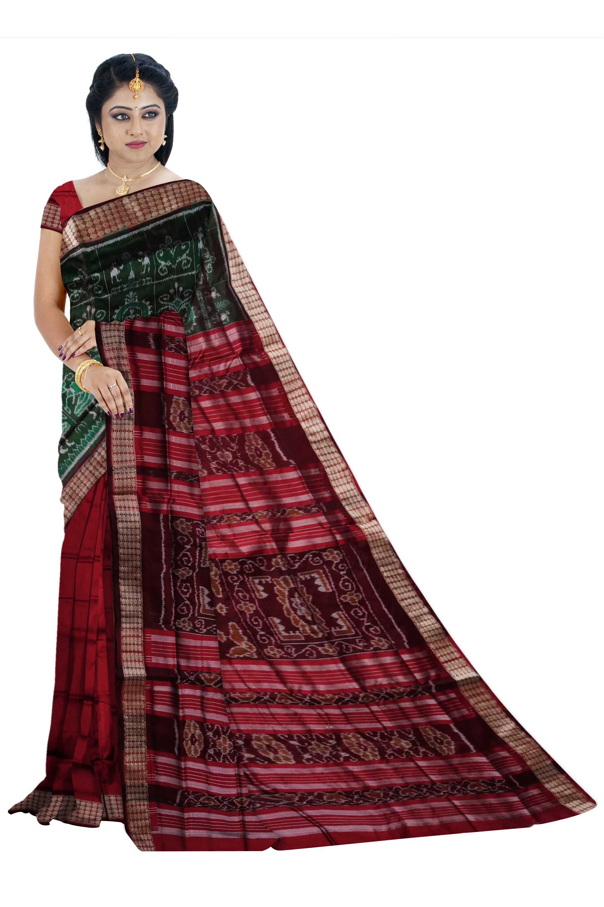 Terracotta with Nartaki pattern patli design pata saree in Deep-Green & Maroon color base. - Koshali Arts & Crafts Enterprise