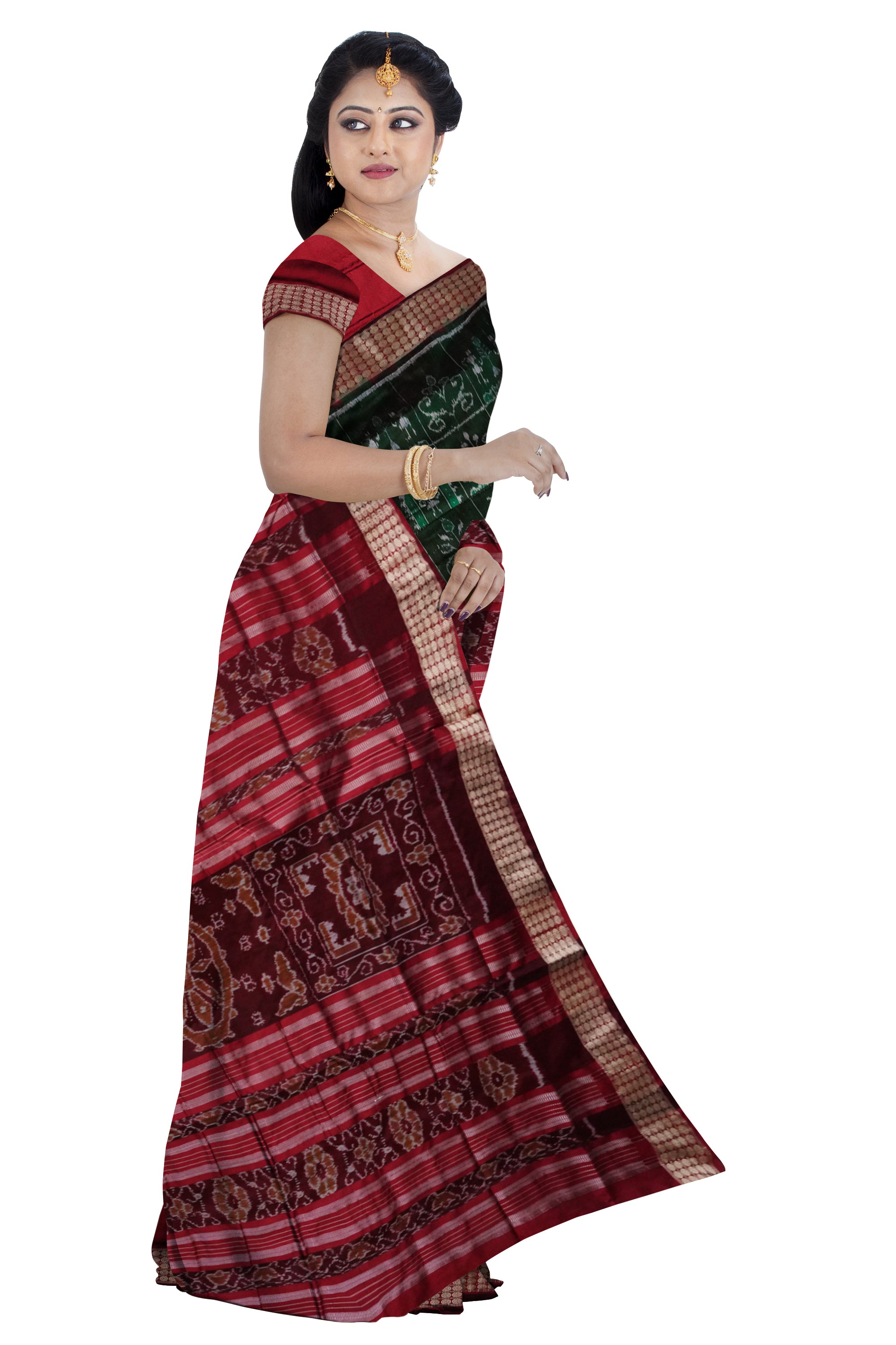 Terracotta with Nartaki pattern patli design pata saree in Deep-Green & Maroon color base. - Koshali Arts & Crafts Enterprise