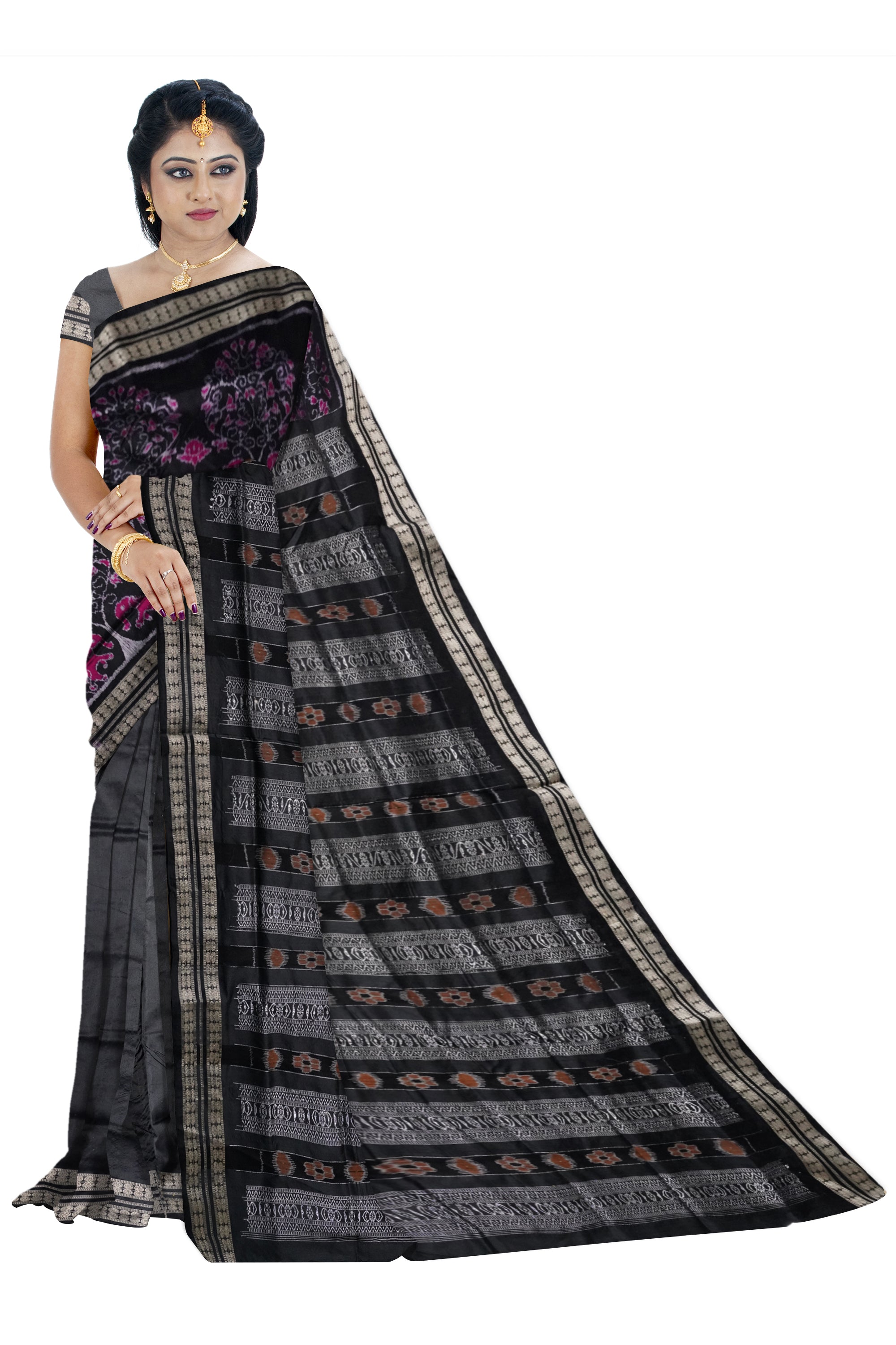 Traditional tree with elephant pattern patli pata saree in Dark-pink & Black color. - Koshali Arts & Crafts Enterprise