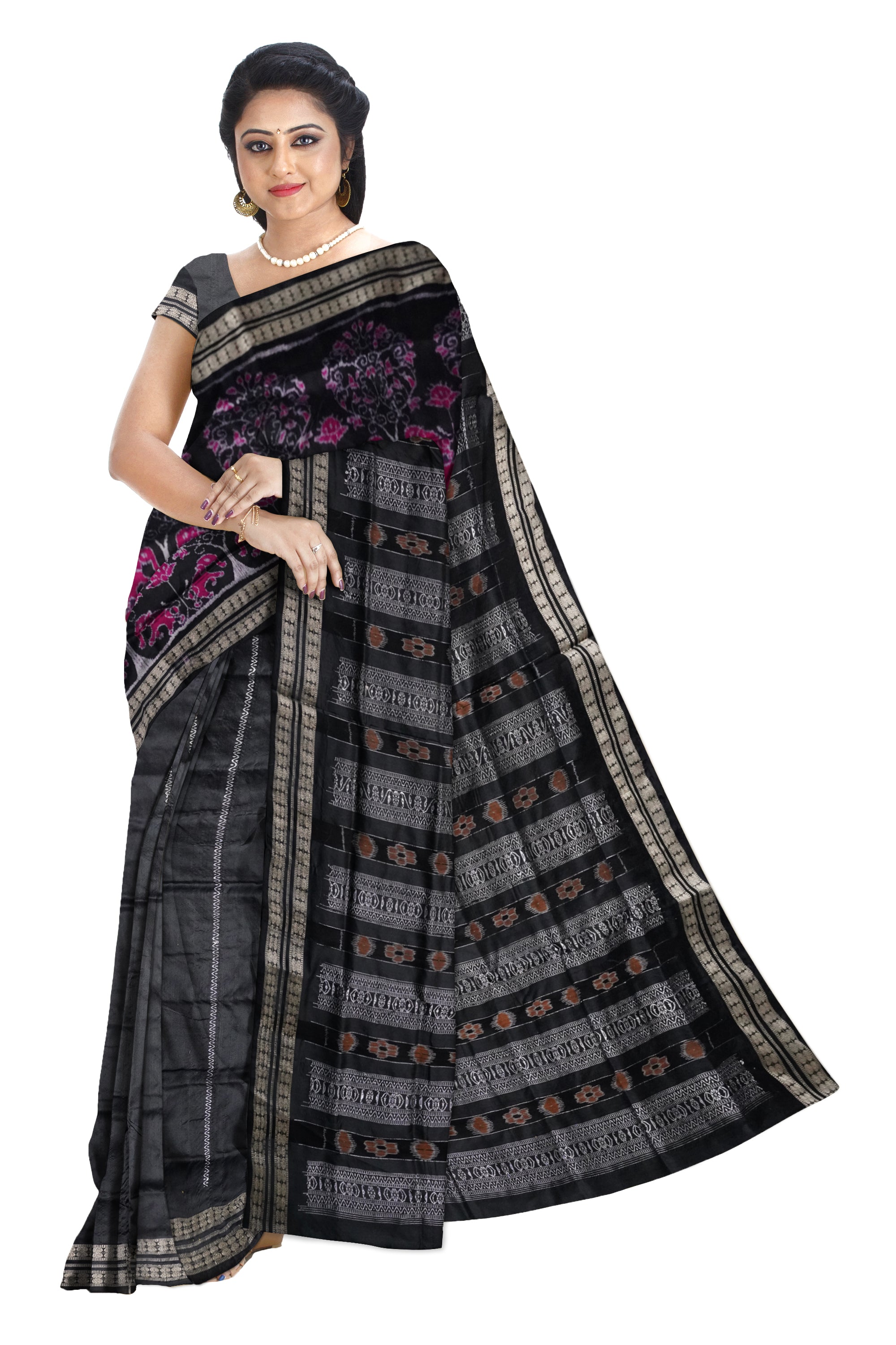 Traditional tree with elephant pattern patli pata saree in Dark-pink & Black color. - Koshali Arts & Crafts Enterprise