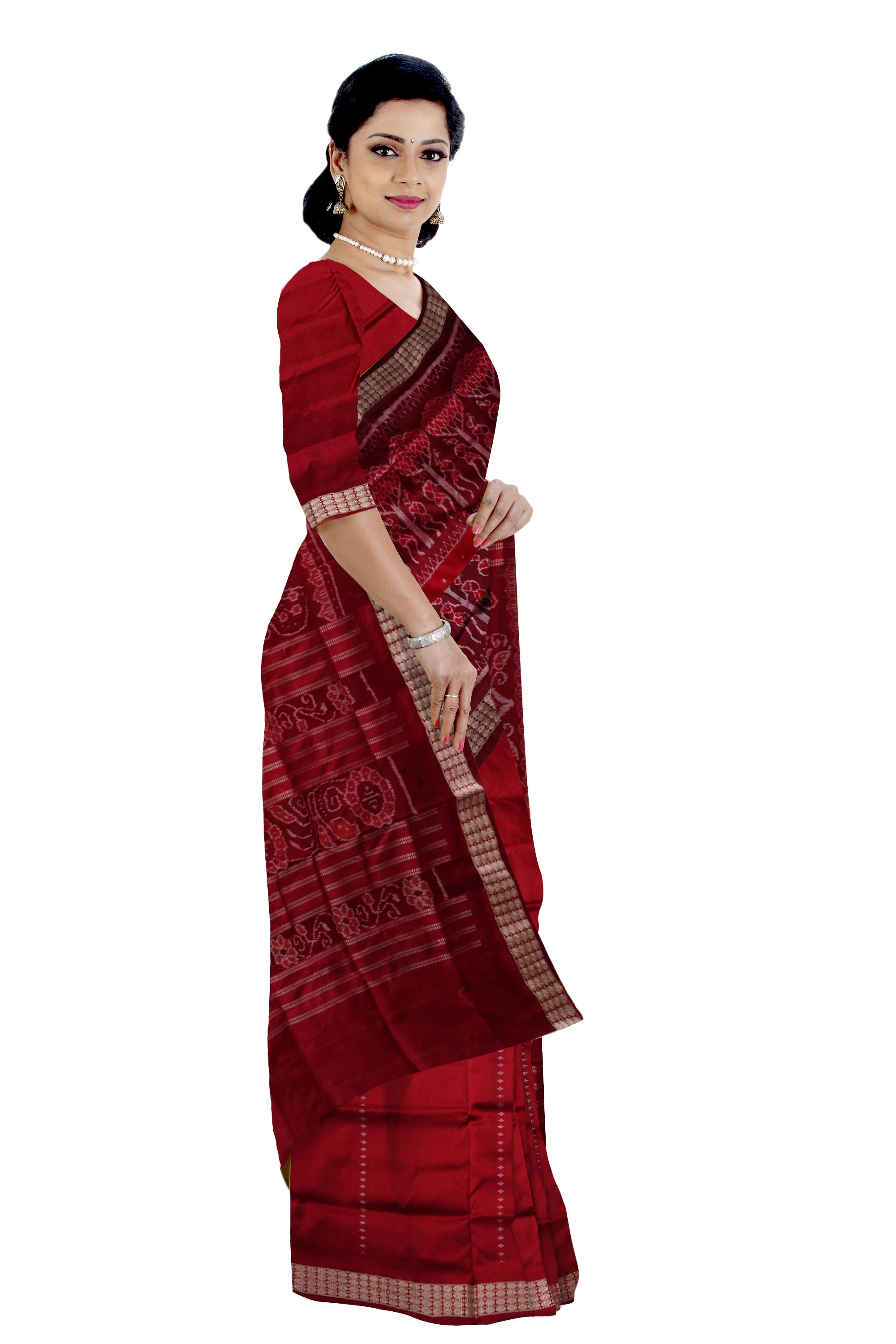 Red & Maroon color terracotta with tree pattern patli pata saree. - Koshali Arts & Crafts Enterprise