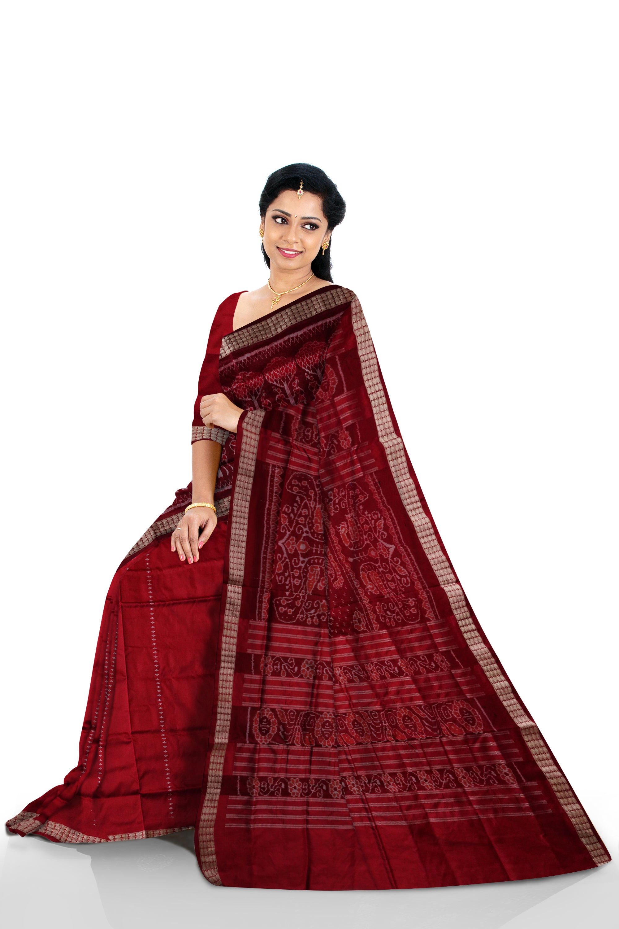 Red & Maroon color terracotta with tree pattern patli pata saree. - Koshali Arts & Crafts Enterprise