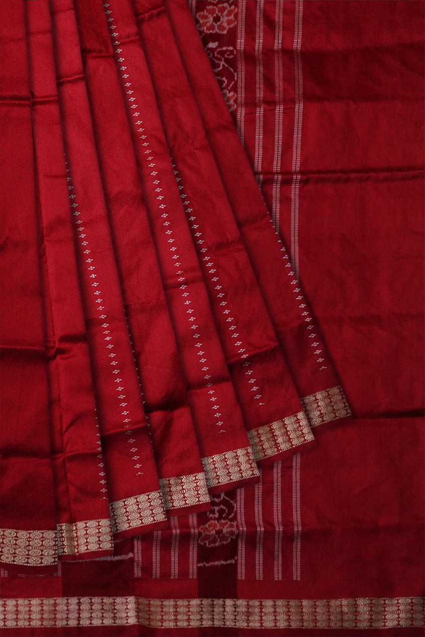 Red & Maroon color terracotta with tree pattern patli pata saree. - Koshali Arts & Crafts Enterprise